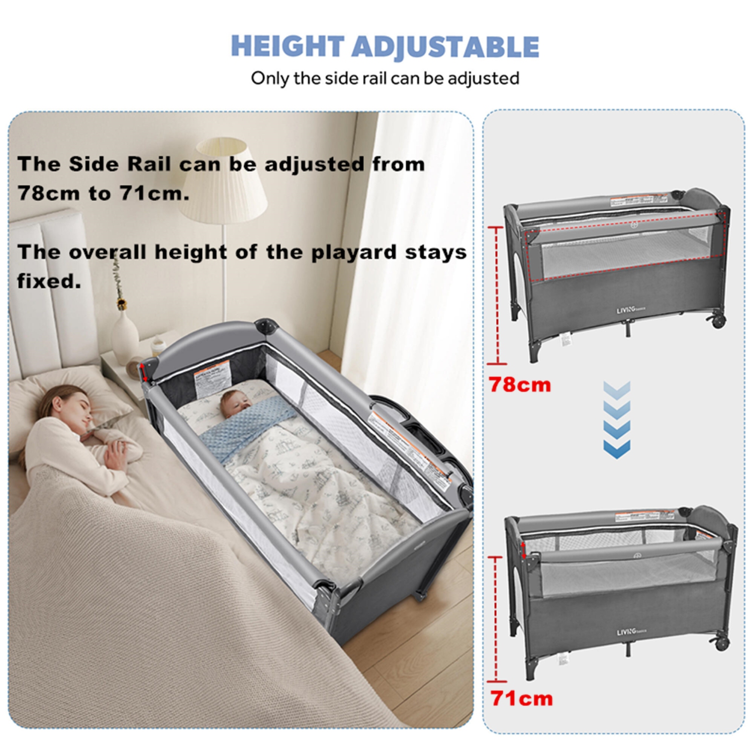 4 in 1 Baby Playard, Foldable Large Baby Bassinet Beside Crib Sleeper with Diaper Changing Table and Side Door Design for Home Travel Outdoor