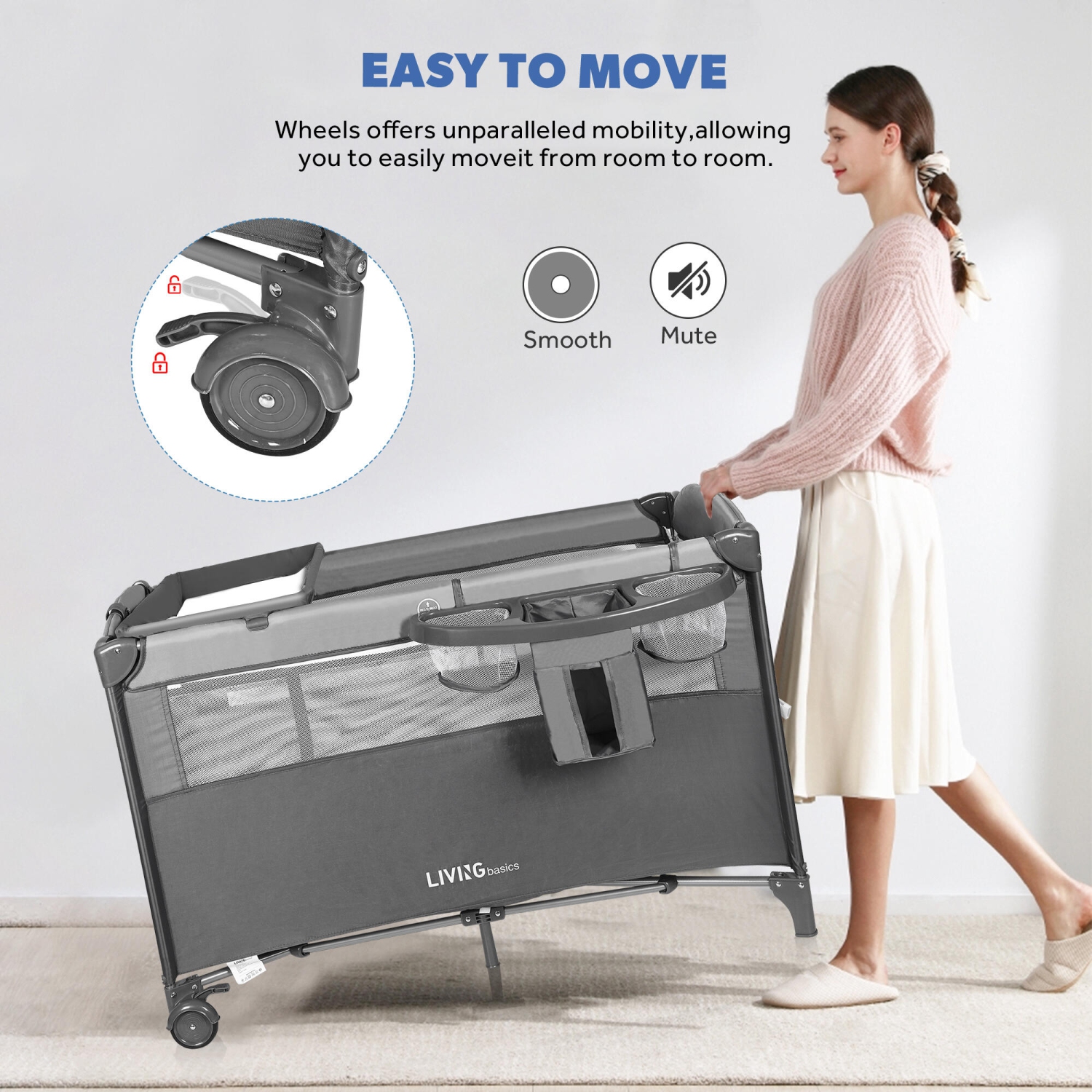 4 in 1 Baby Playard, Foldable Large Baby Bassinet Beside Crib Sleeper with Diaper Changing Table and Side Door Design for Home Travel Outdoor