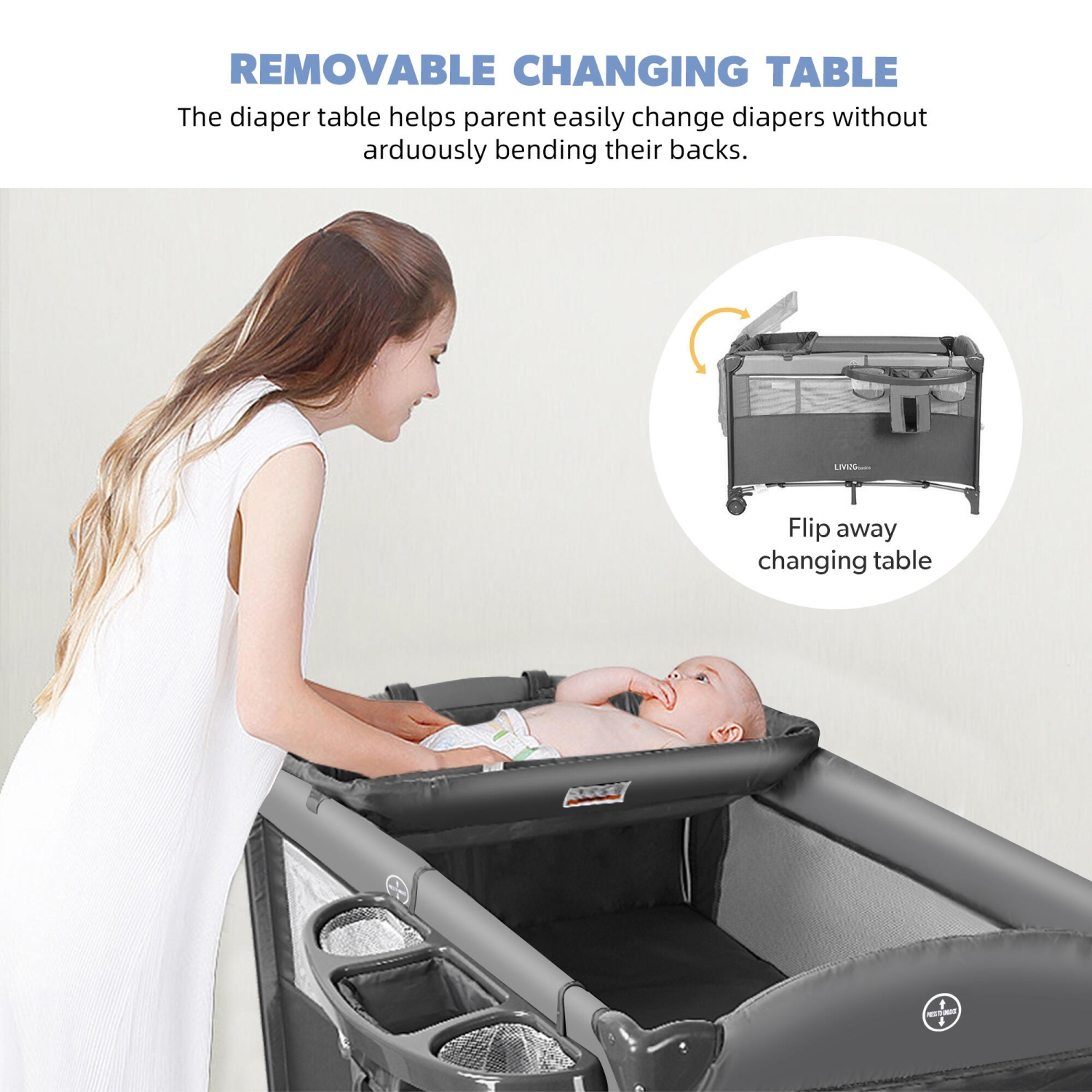 4 in 1 Baby Playard, Foldable Large Baby Bassinet Beside Crib Sleeper with Diaper Changing Table and Side Door Design for Home Travel Outdoor