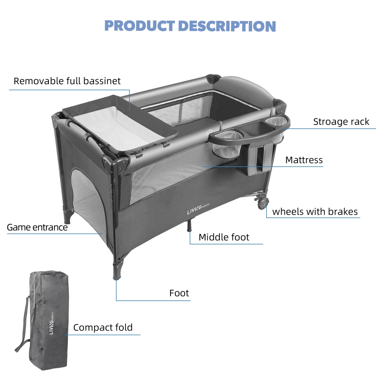 4 in 1 Baby Playard, Foldable Large Baby Bassinet Beside Crib Sleeper with Diaper Changing Table and Side Door Design for Home Travel Outdoor