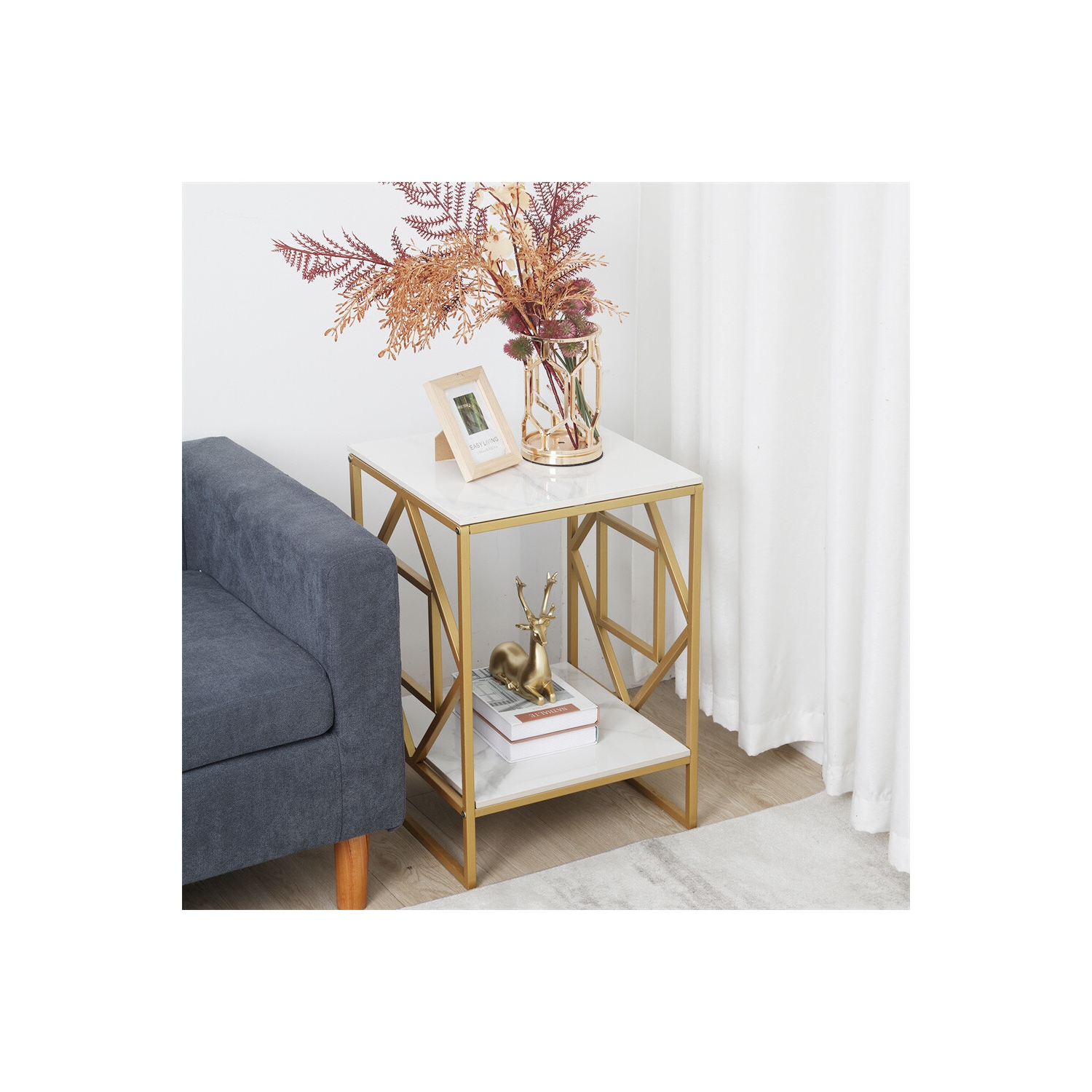 Marble End Table Modern Luxury Sofa Side Table Nightstand with Geometric Frame and Sintered Stone Marble Tabletop, Accent Bedside Table Sofa Table
