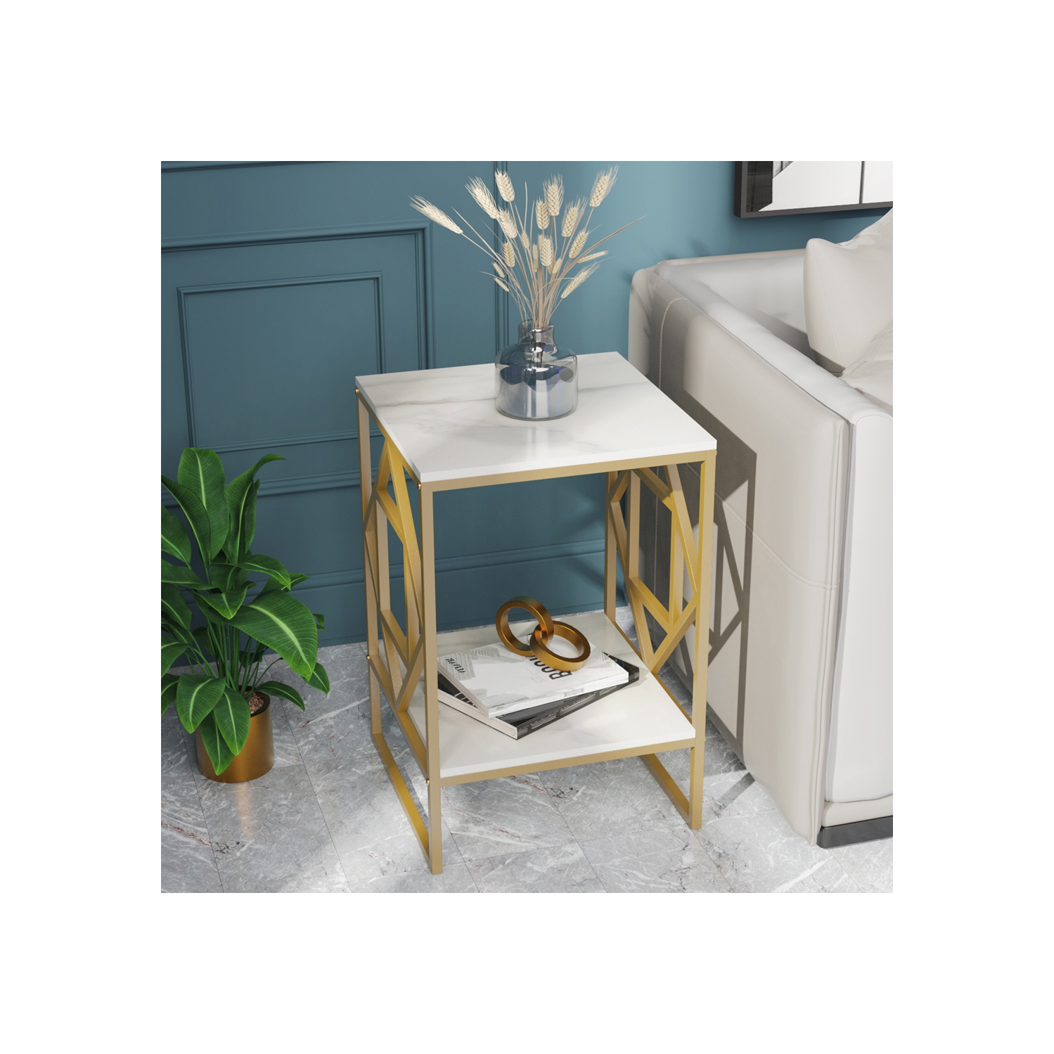 Marble End Table Modern Luxury Sofa Side Table Nightstand with Geometric Frame and Sintered Stone Marble Tabletop, Accent Bedside Table Sofa Table