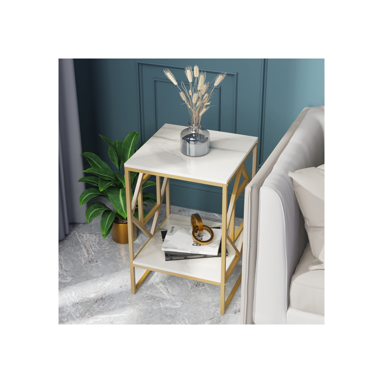 Marble End Table Modern Luxury Sofa Side Table Nightstand with Geometric Frame and Sintered Stone Marble Tabletop, Accent Bedside Table Sofa Table