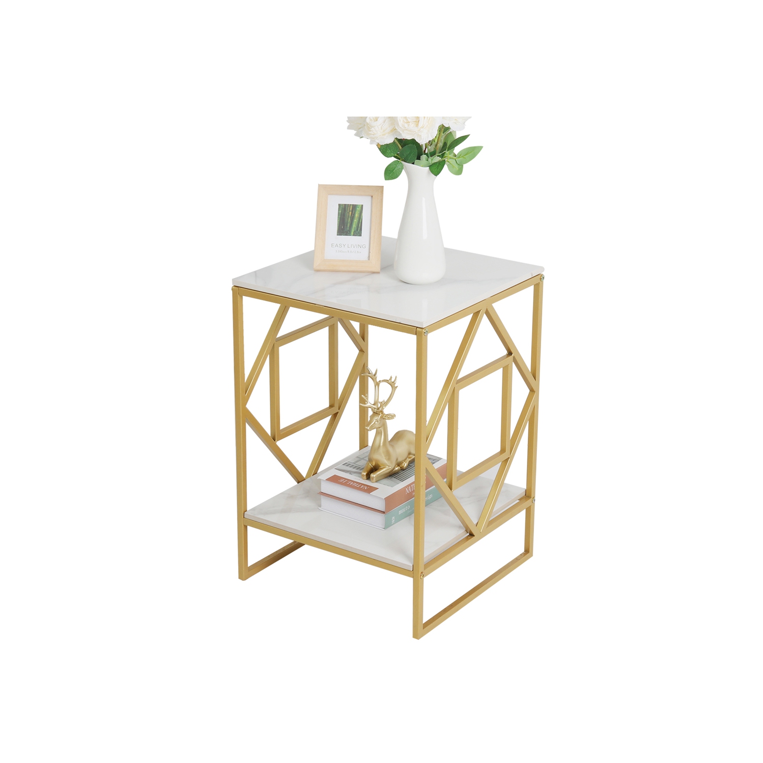 Marble End Table Modern Luxury Sofa Side Table Nightstand with Geometric Frame and Sintered Stone Marble Tabletop, Accent Bedside Table Sofa Table