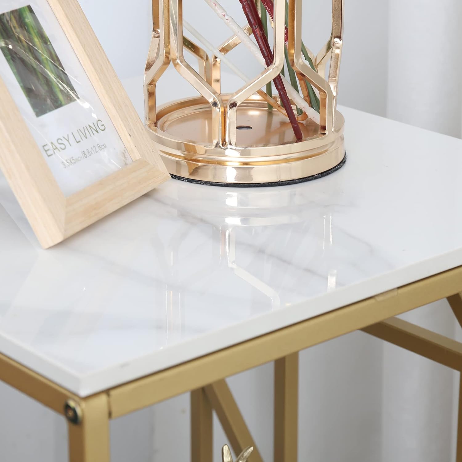 Marble End Table Modern Luxury Sofa Side Table Nightstand with Geometric Frame and Sintered Stone Marble Tabletop, Accent Bedside Table Sofa Table