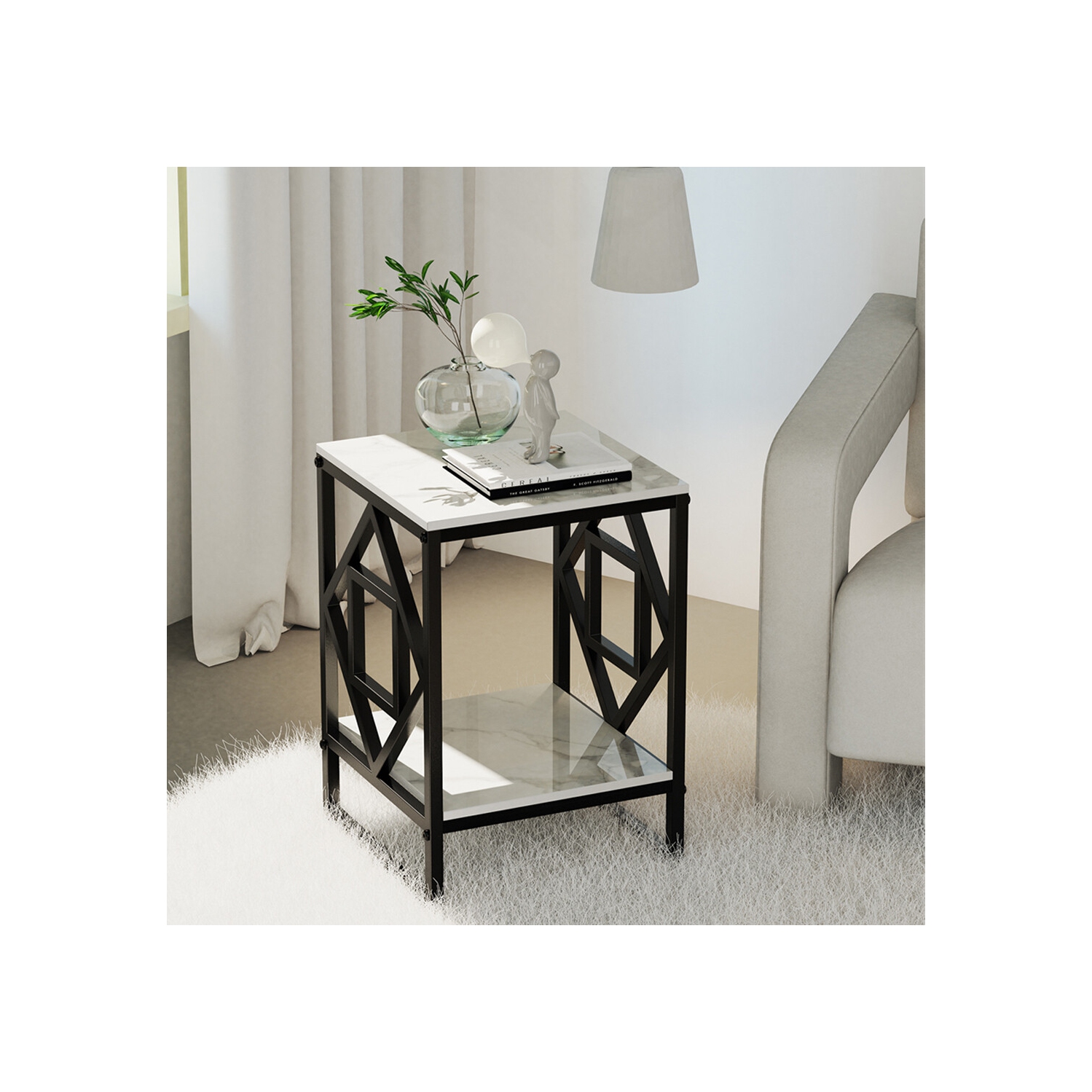 Marble End Table Modern Luxury Sofa Side Table Nightstand with Geometric Frame and Sintered Stone Marble Tabletop, Accent Bedside Table Sofa Table