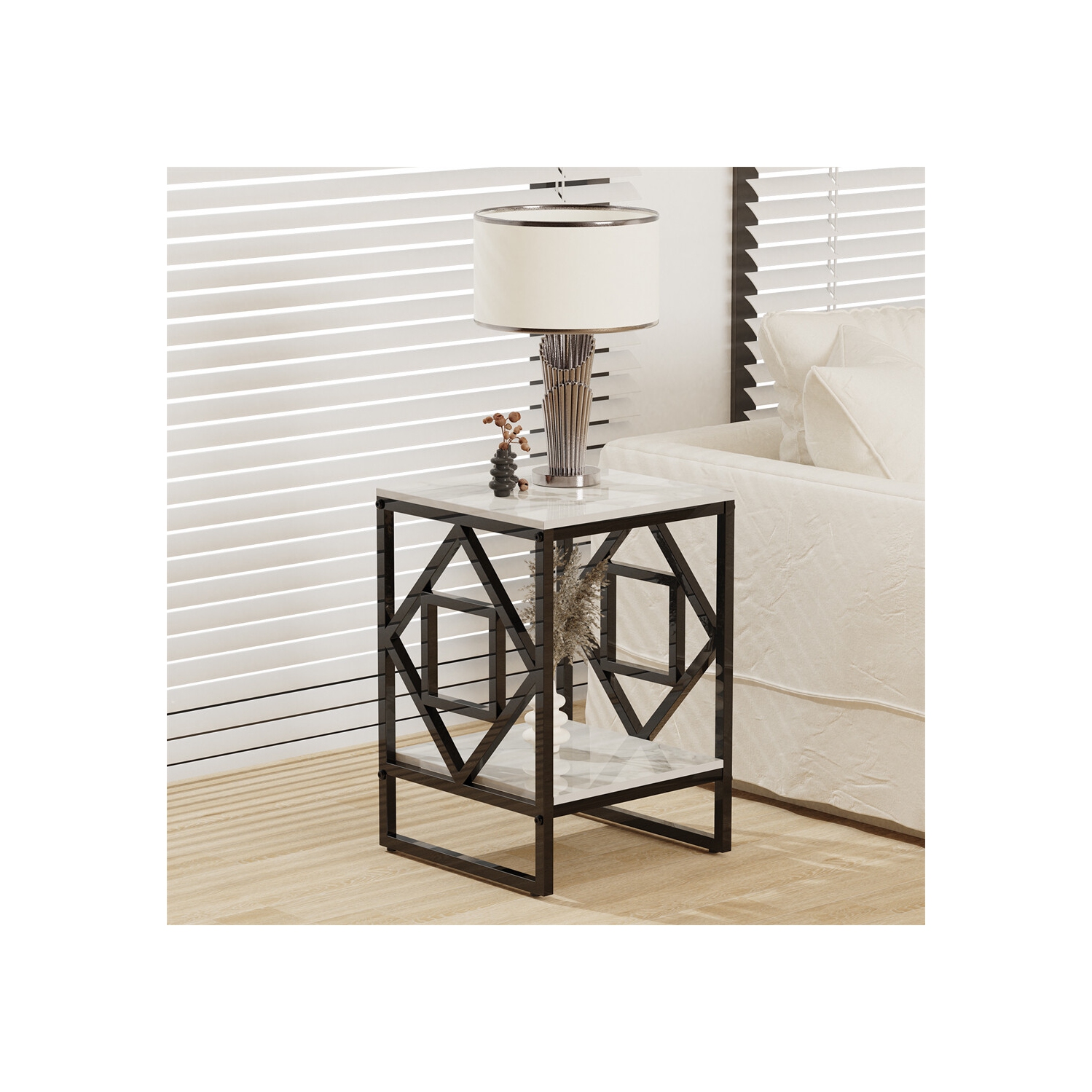 Marble End Table Modern Luxury Sofa Side Table Nightstand with Geometric Frame and Sintered Stone Marble Tabletop, Accent Bedside Table Sofa Table