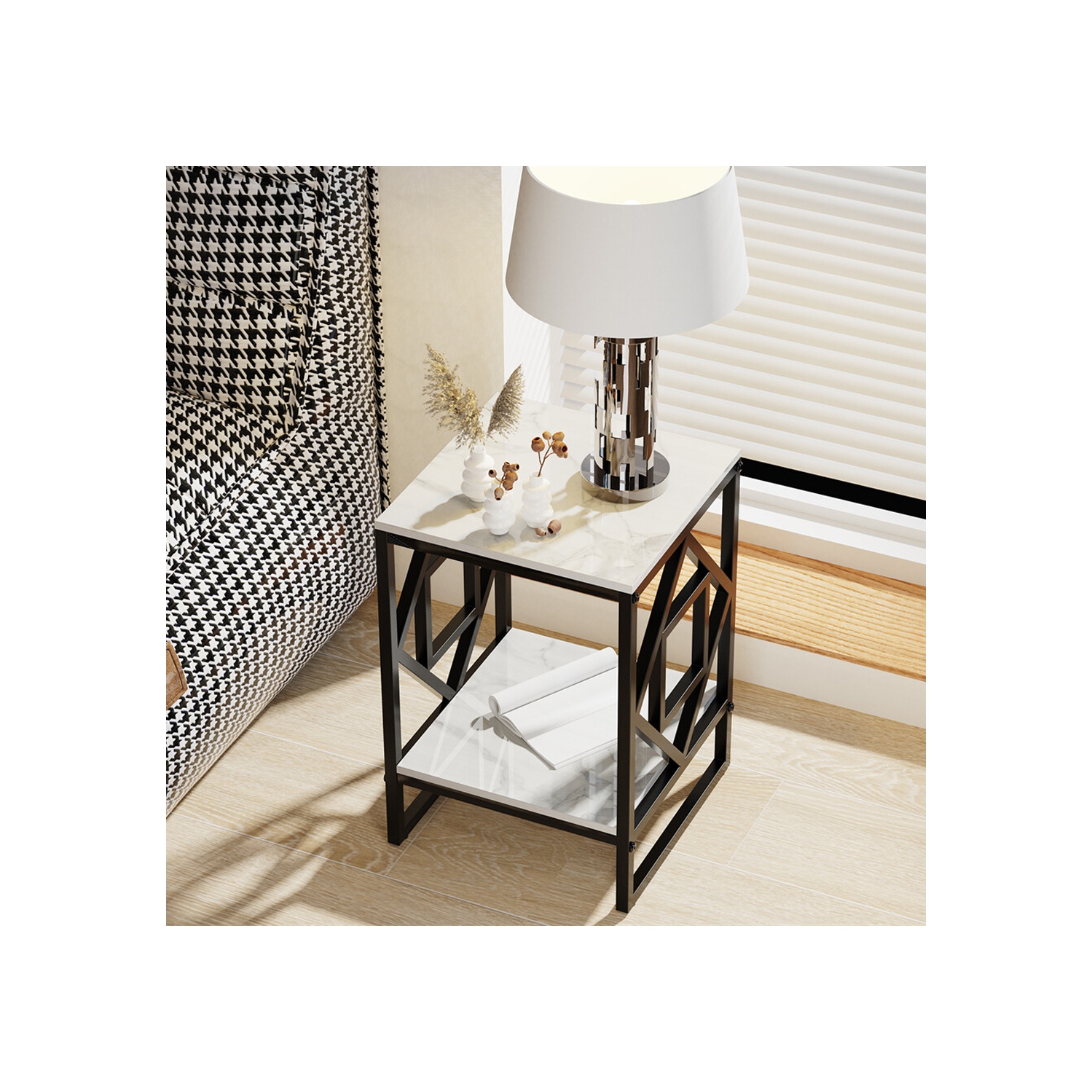 Marble End Table Modern Luxury Sofa Side Table Nightstand with Geometric Frame and Sintered Stone Marble Tabletop, Accent Bedside Table Sofa Table