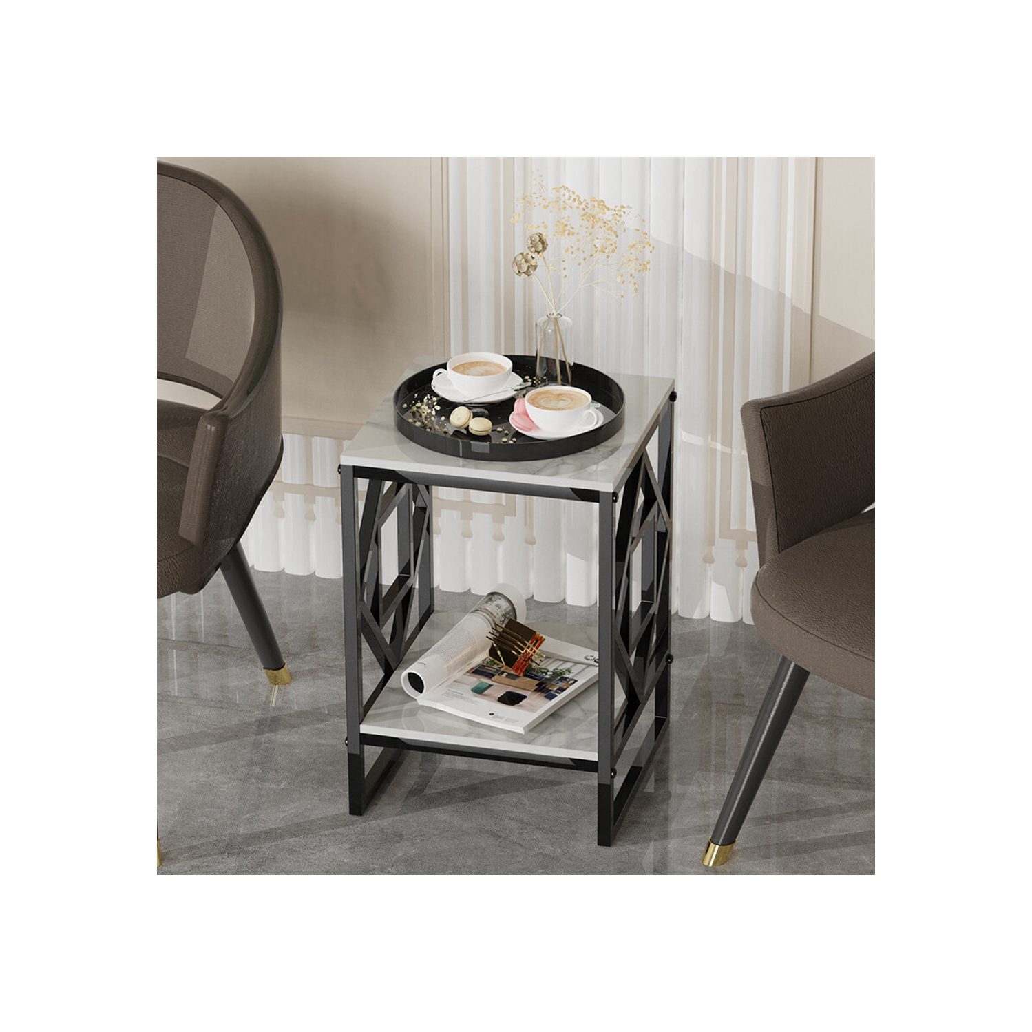 Marble End Table Modern Luxury Sofa Side Table Nightstand with Geometric Frame and Sintered Stone Marble Tabletop, Accent Bedside Table Sofa Table
