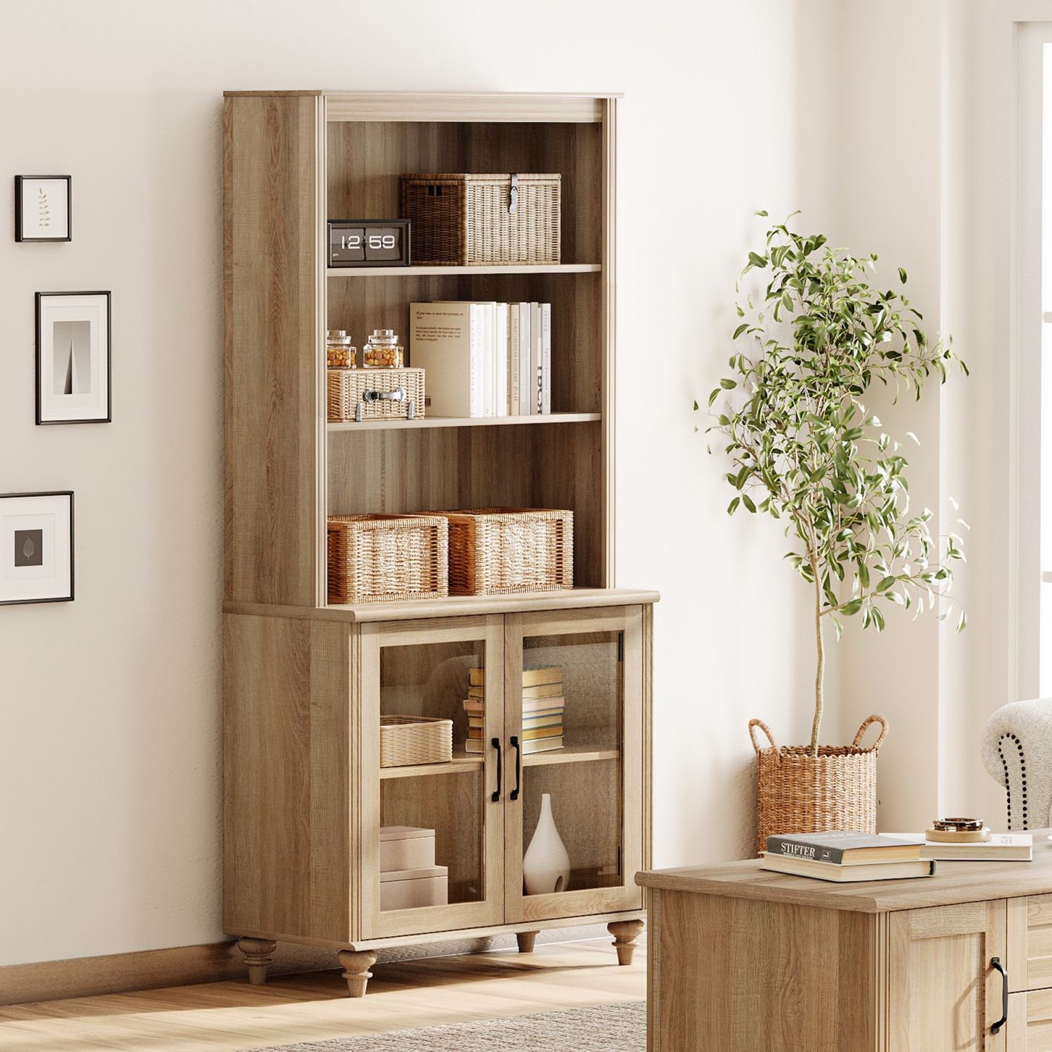 Bibliothèque à 5 niveaux WAMPAT de 72&nbsp;po de hauteur avec portes en verre, grande étagère de rangement avec tablettes réglables et armoire de