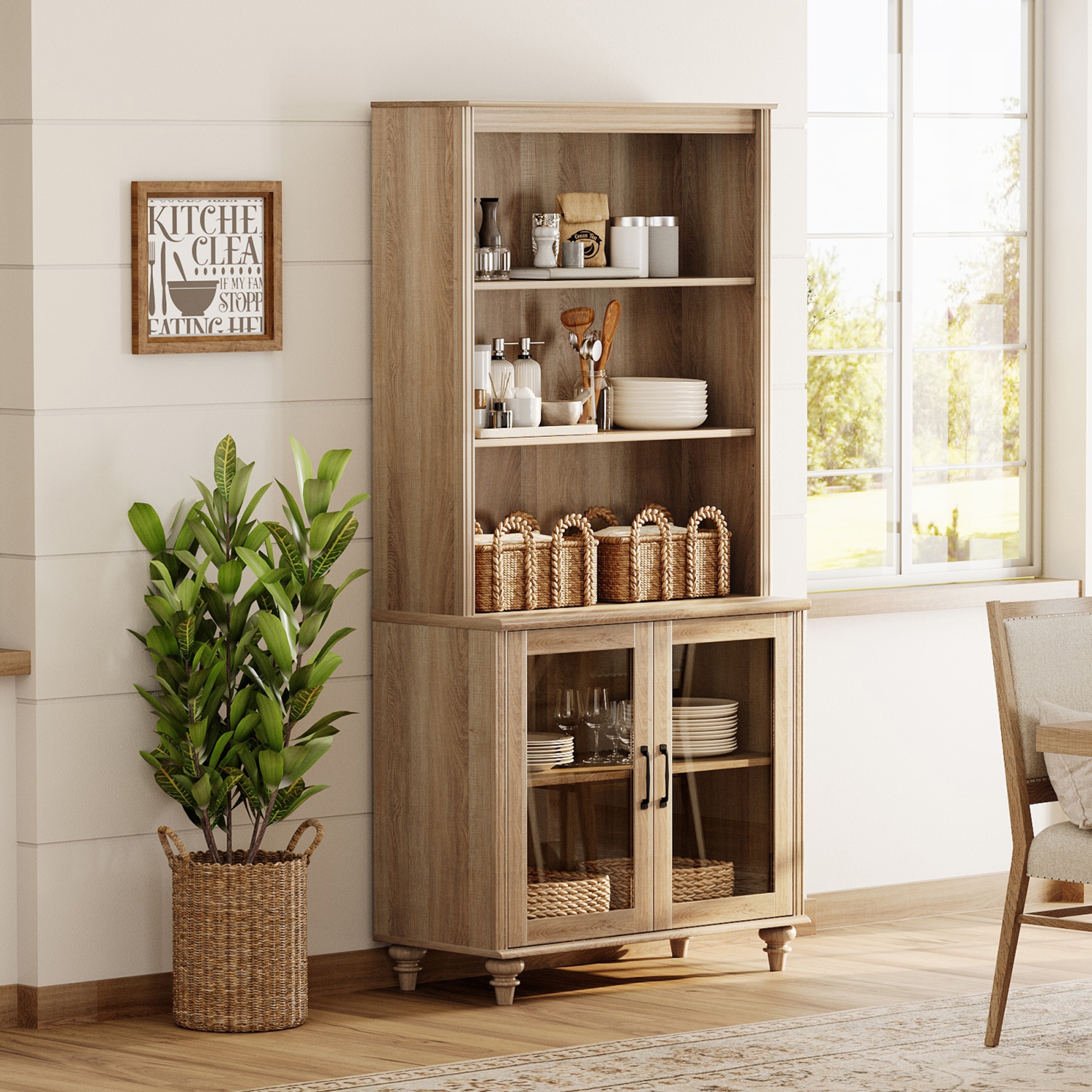 Bibliothèque à 5 niveaux WAMPAT de 72&nbsp;po de hauteur avec portes en verre, grande étagère de rangement avec tablettes réglables et armoire de