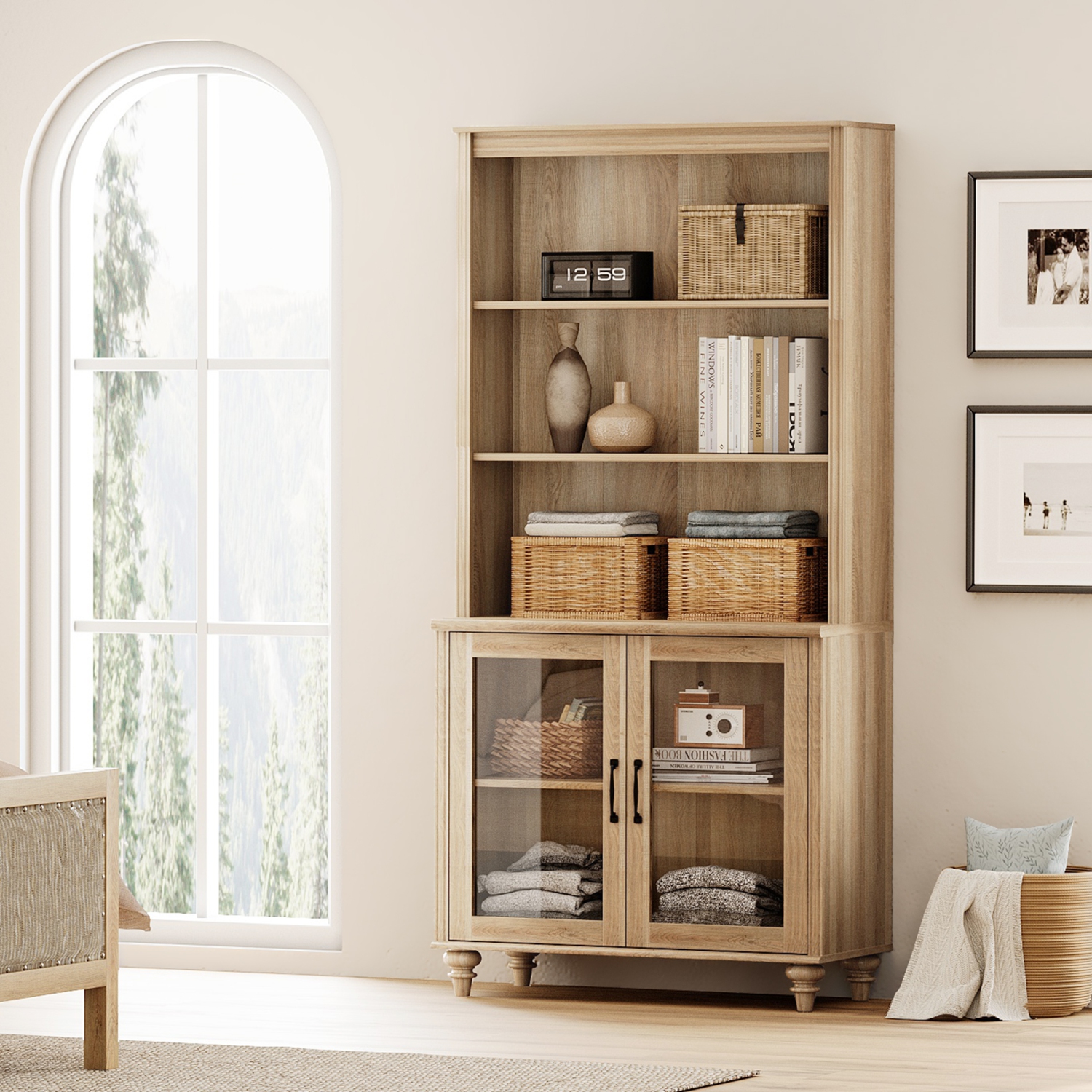 Bibliothèque à 5 niveaux WAMPAT de 72&nbsp;po de hauteur avec portes en verre, grande étagère de rangement avec tablettes réglables et armoire de