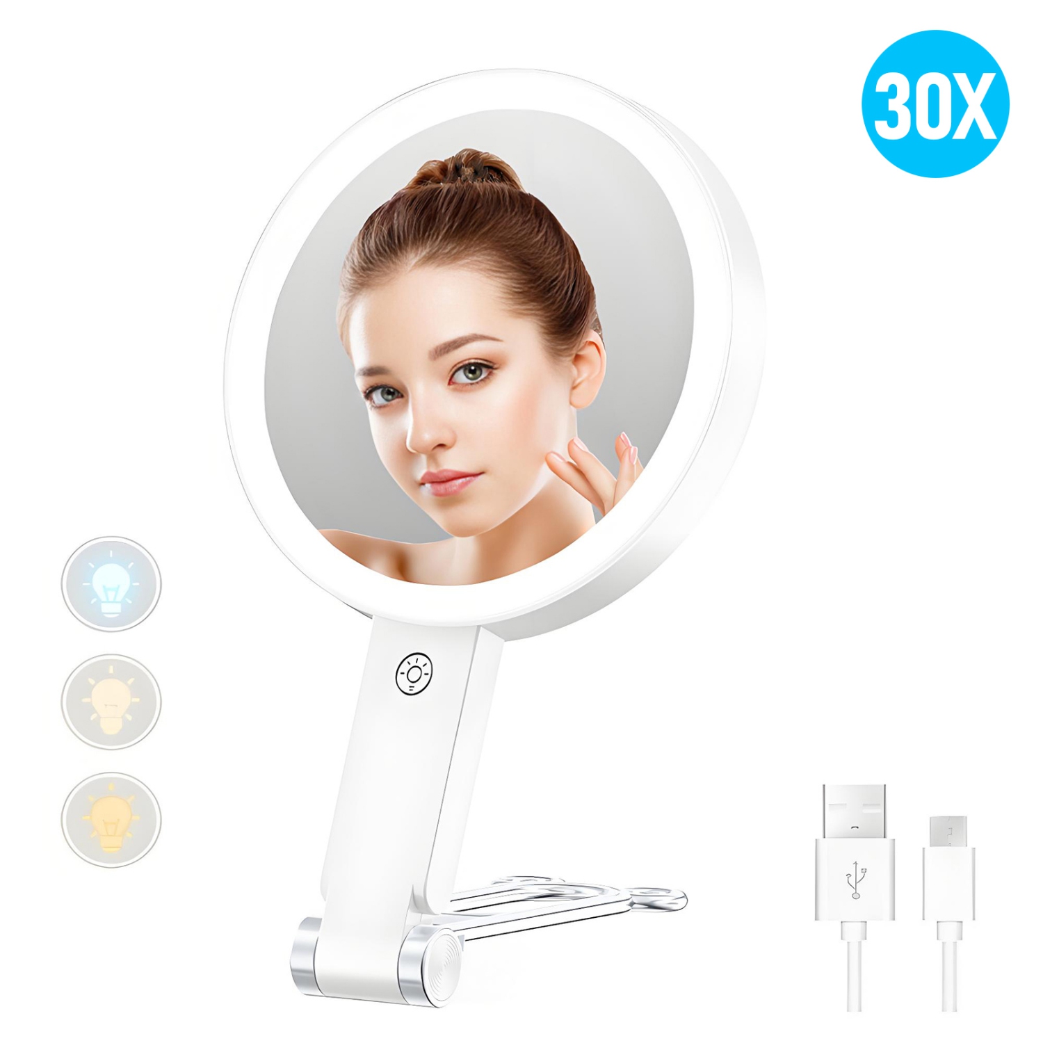 Miroir de maquillage grossissant 30X avec lumière LED, miroir de maquillage rond pliable portatif double face, rotation à 360 degrés convient à la