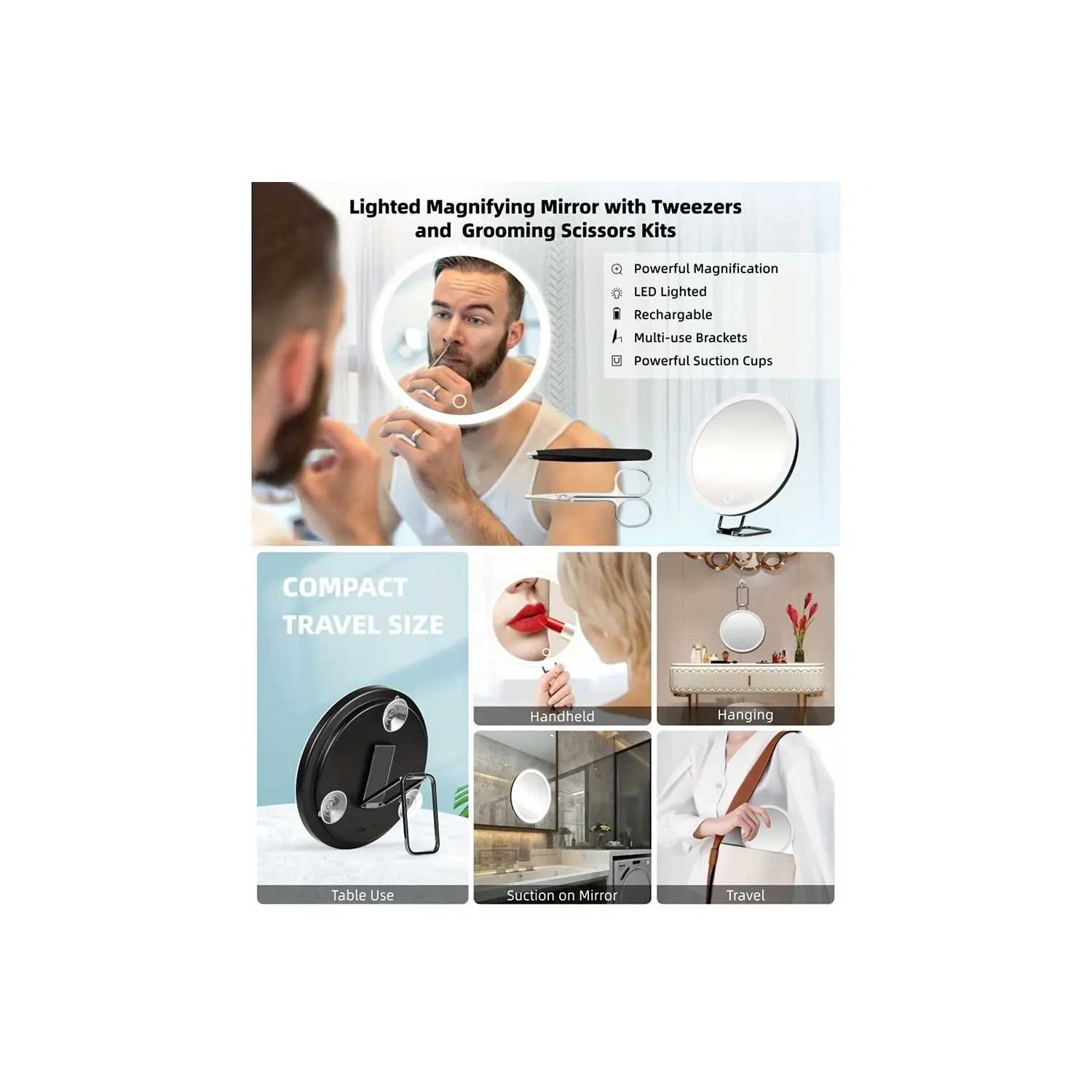 6 Inch 10X Magnification Makeup Mirror, USB Charging With LED Fill Light 360 Degree Stand Suitable for Bedroom, Bathroom and Travel