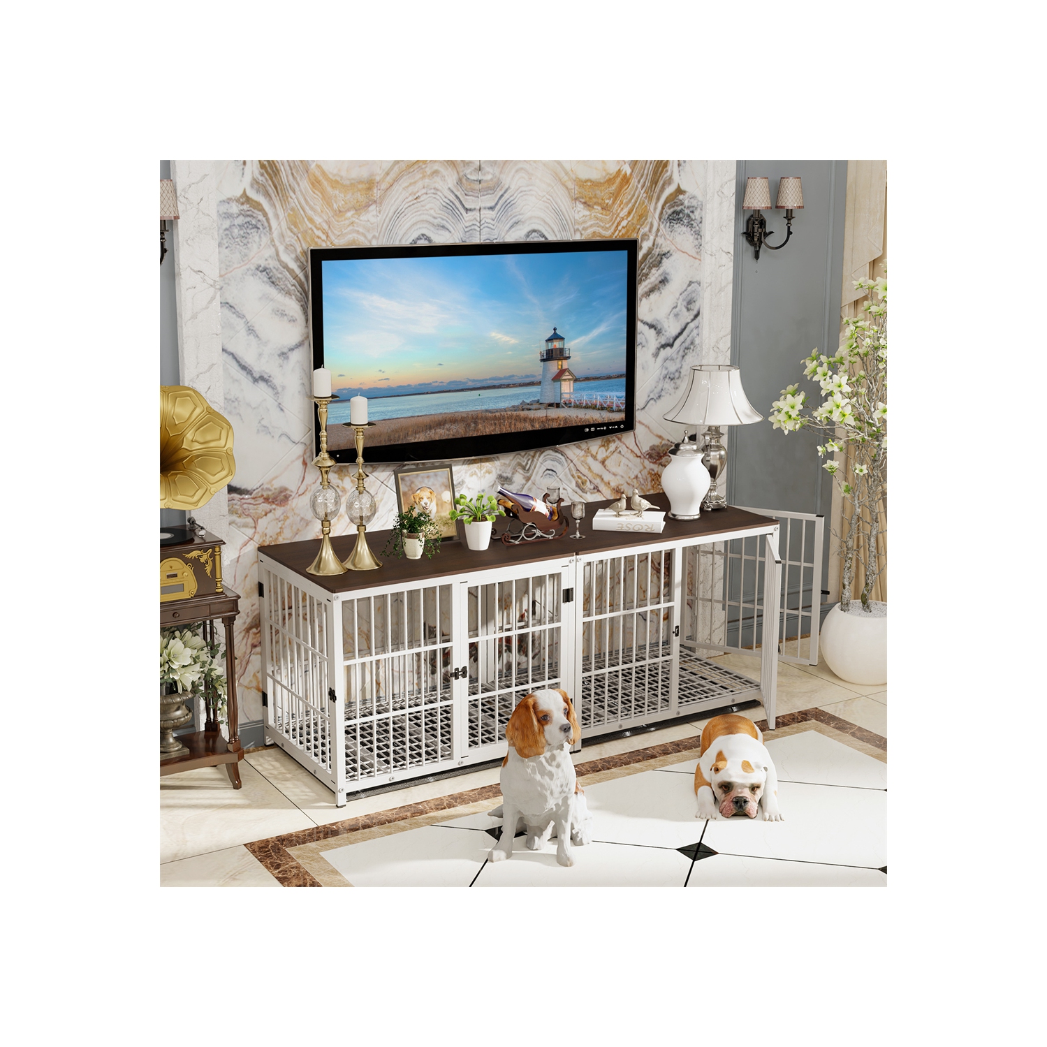 BingoPaw Heavy Duty Dog Crate Furniture for Large and Medium Dogs, Decorative Pet House End Table, Indoor Wooden Cage Kennel with 3 Doors, 36"L x