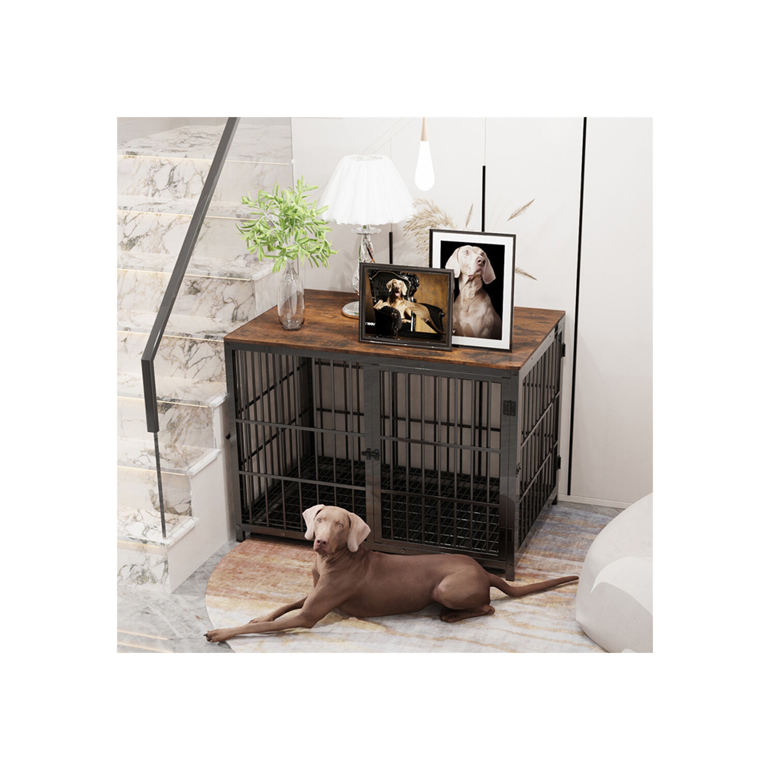 BingoPaw Heavy Duty Dog Crate Furniture for Large and Medium Dogs, Decorative Pet House End Table, Indoor Wooden Cage Kennel with 3 Doors, 36"L x