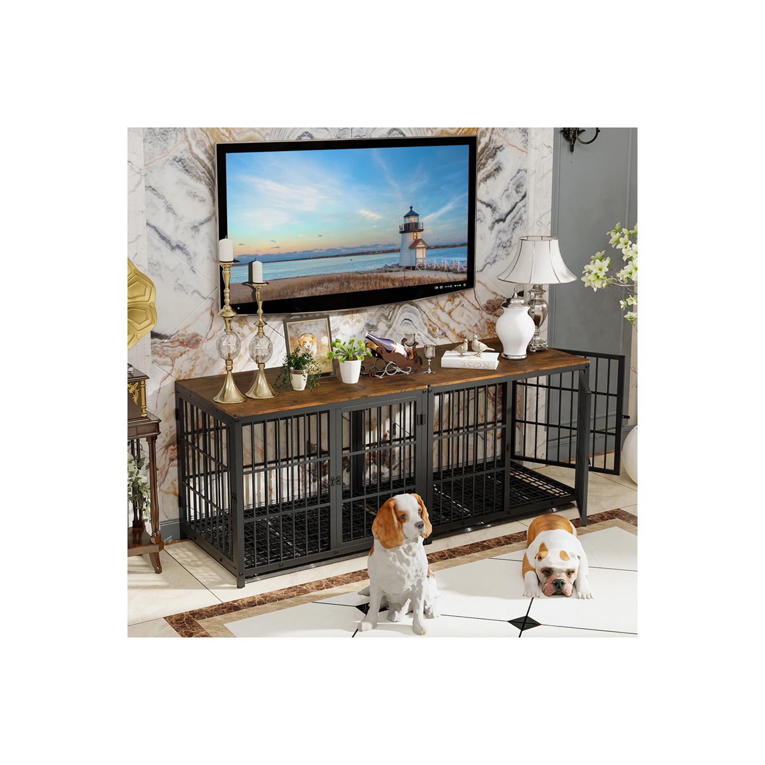 BingoPaw Heavy Duty Dog Crate Furniture for Large and Medium Dogs, Decorative Pet House End Table, Indoor Wooden Cage Kennel with 3 Doors, 36"L x