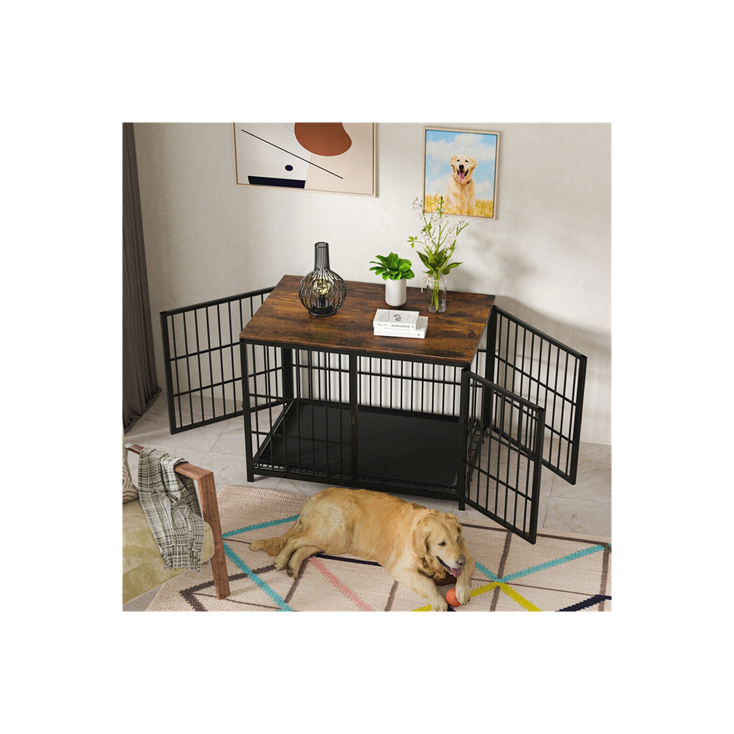 BingoPaw Heavy Duty Dog Crate Furniture for Extra Large Dogs, Decorative Pet House End Table, Indoor Wooden Cage Kennel with 3 Doors, 42.3"L x 28.1"W
