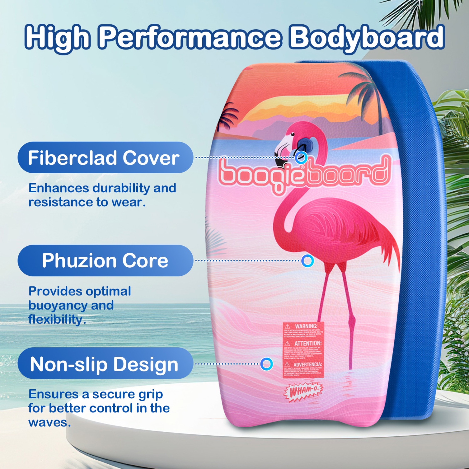 WHAM-O – Planche Boogie Board, 33&nbsp;po, légère avec dragonne, housse en fibre de verre pour adultes débutants, paq. 2 - flamant rose