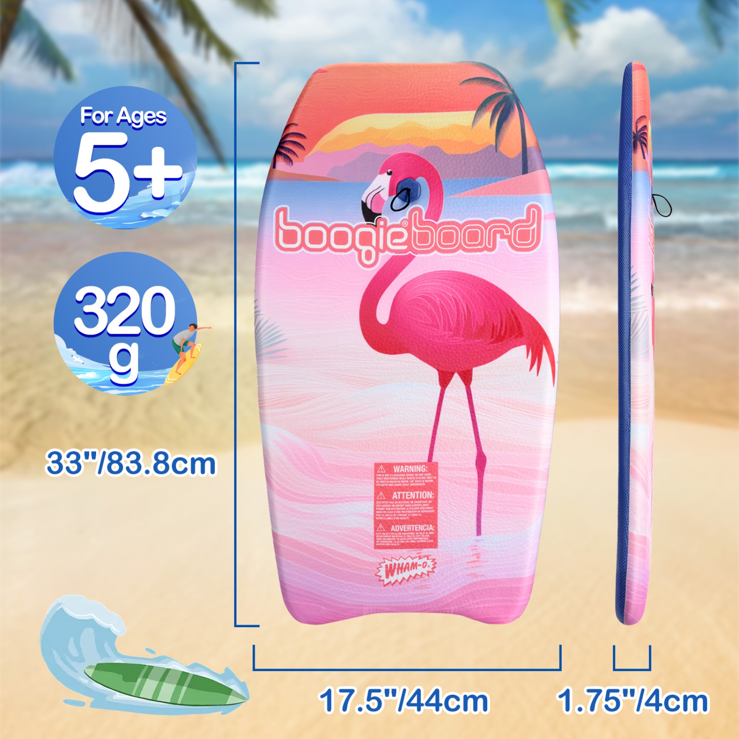 WHAM-O – Planche Boogie Board, 33&nbsp;po, légère avec dragonne, housse en fibre de verre pour adultes débutants, paq. 2 - flamant rose