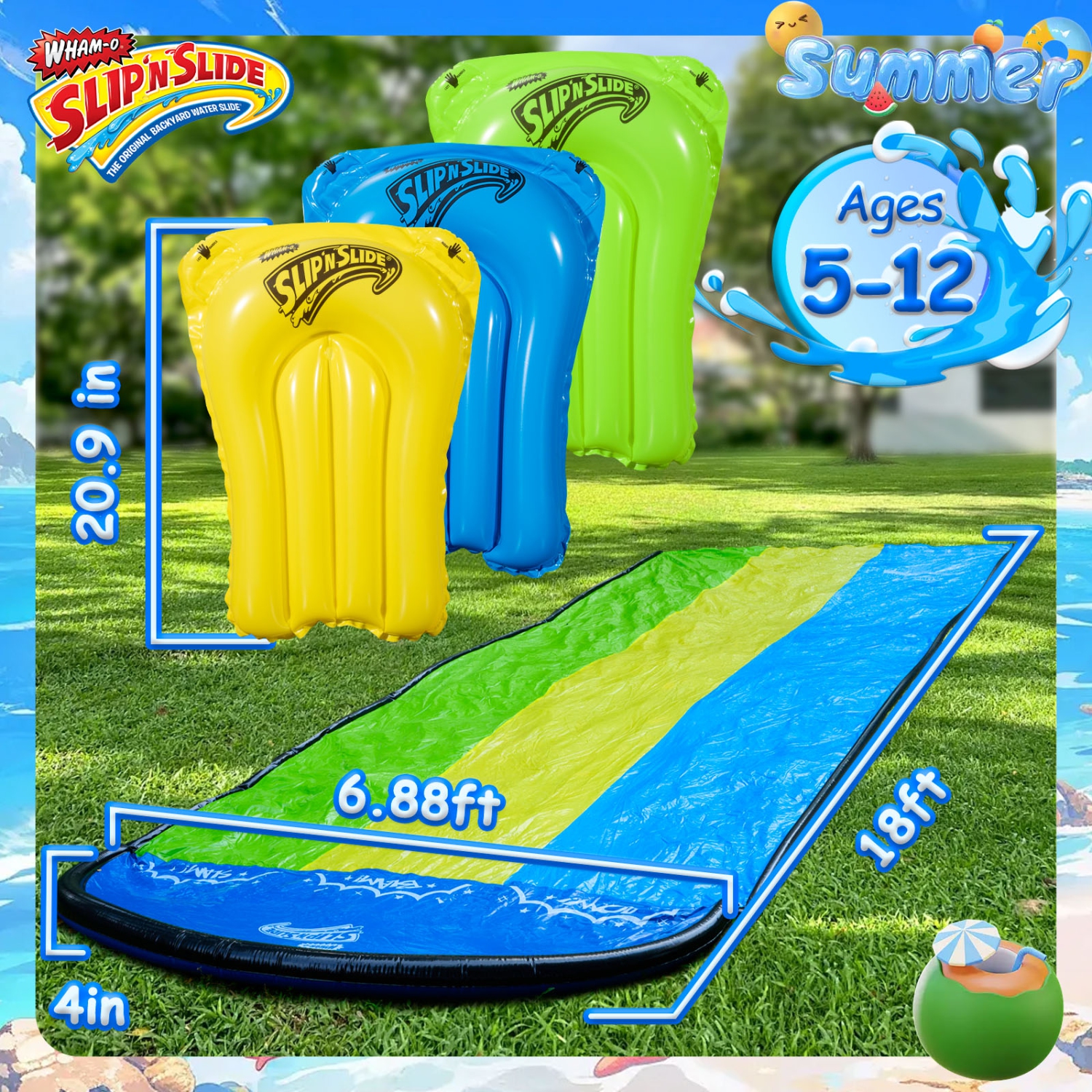 Wham-O Slip N Slide Triple Waver Rider with Boogie 18ft for Kids 5-12 Years Backyard Water Fun
