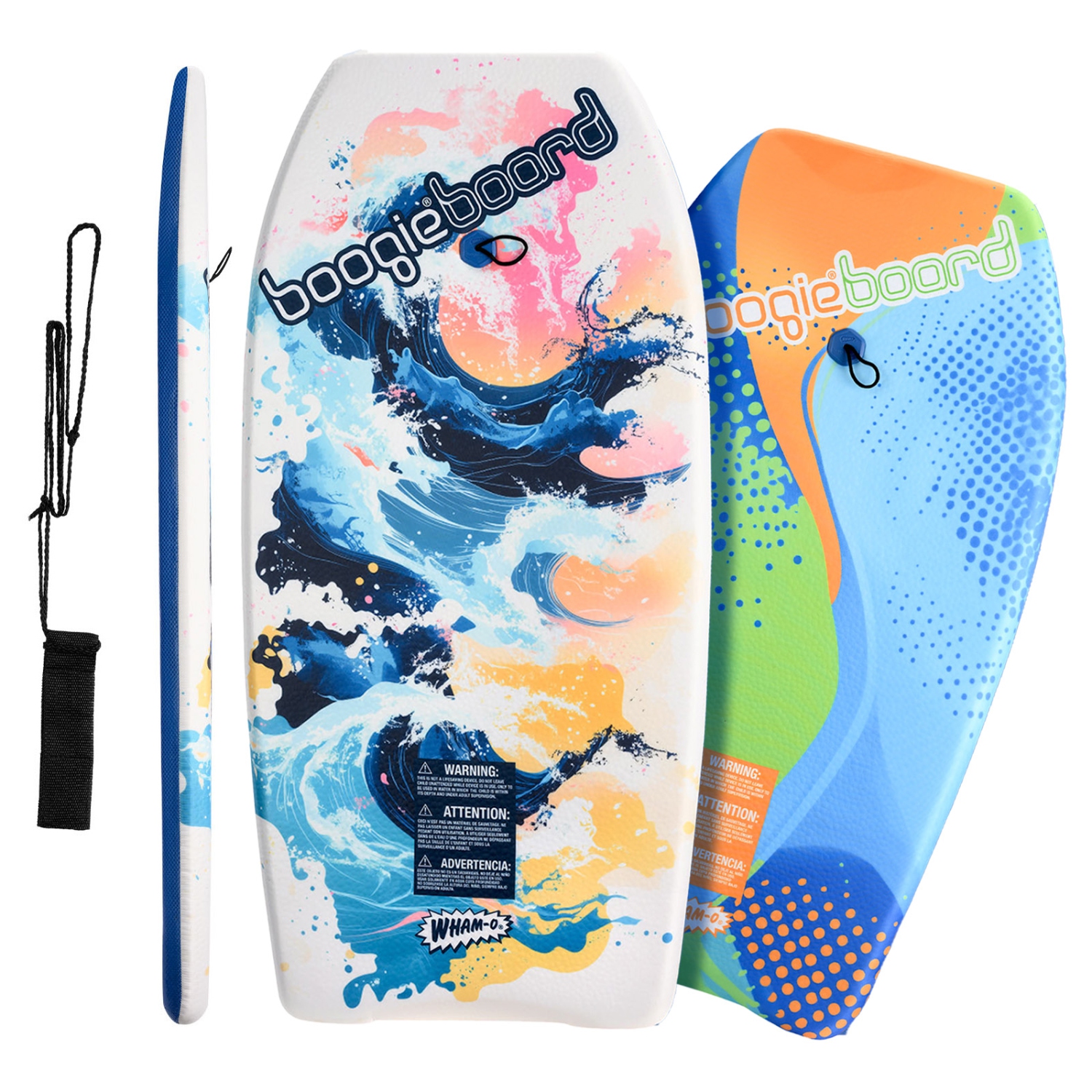 Wham-O 37" & 33" Boogie Board with Wrist Leash Fiberclad Cover for Ocean Kids 5+ Teens Adults, 2 Pack - Curve/Wave