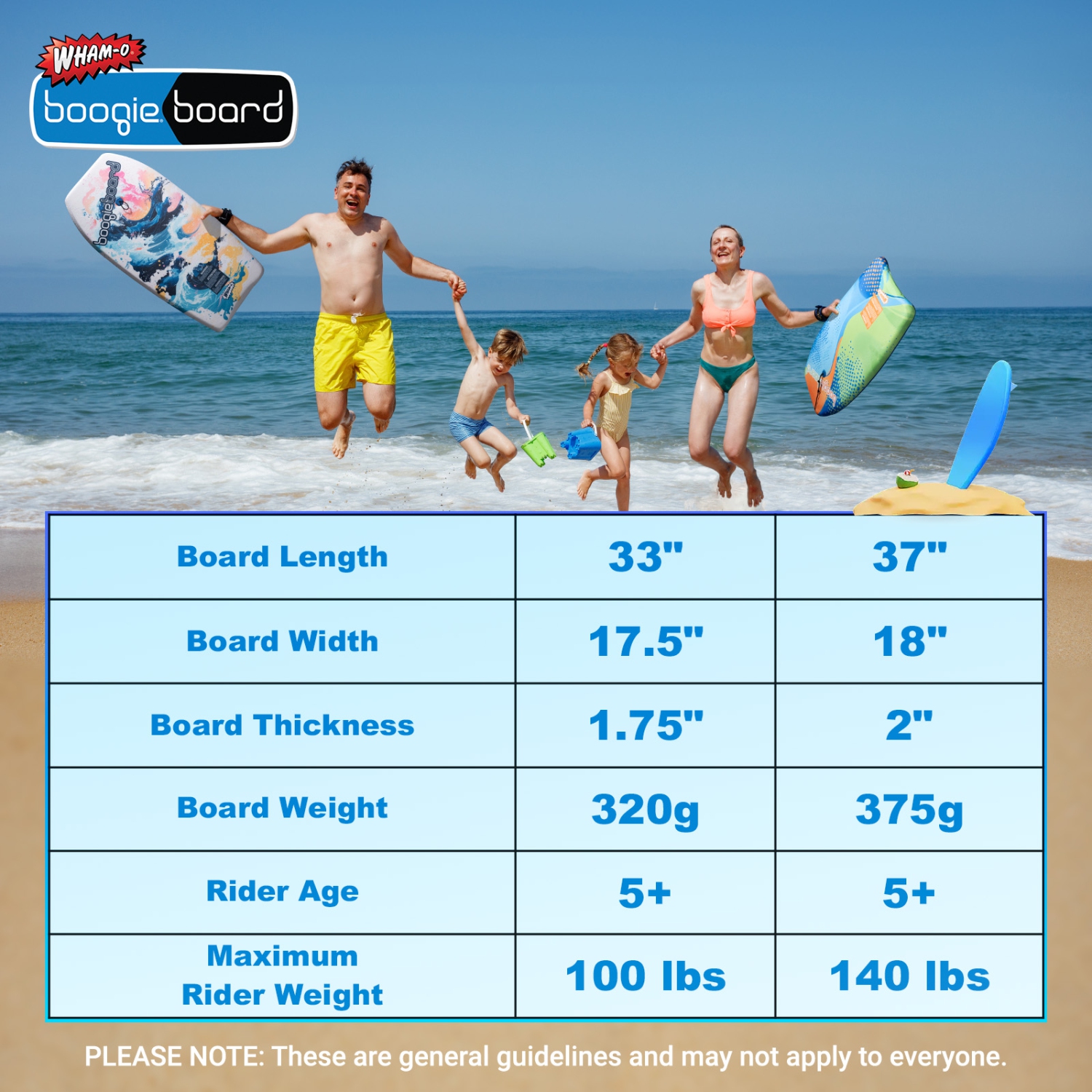 Wham-O 37" & 33" Boogie Board with Wrist Leash Fiberclad Cover for Ocean Kids 5+ Teens Adults, 2 Pack - Curve/Wave