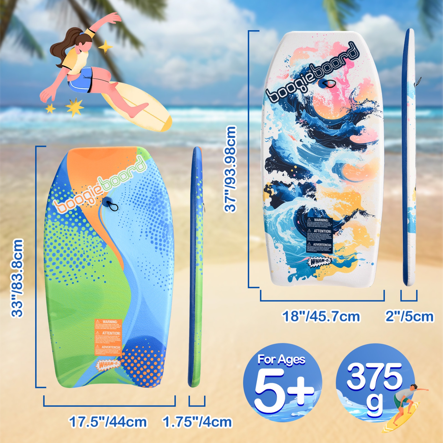 Wham-O 37" & 33" Boogie Board with Wrist Leash Fiberclad Cover for Ocean Kids 5+ Teens Adults, 2 Pack - Curve/Wave