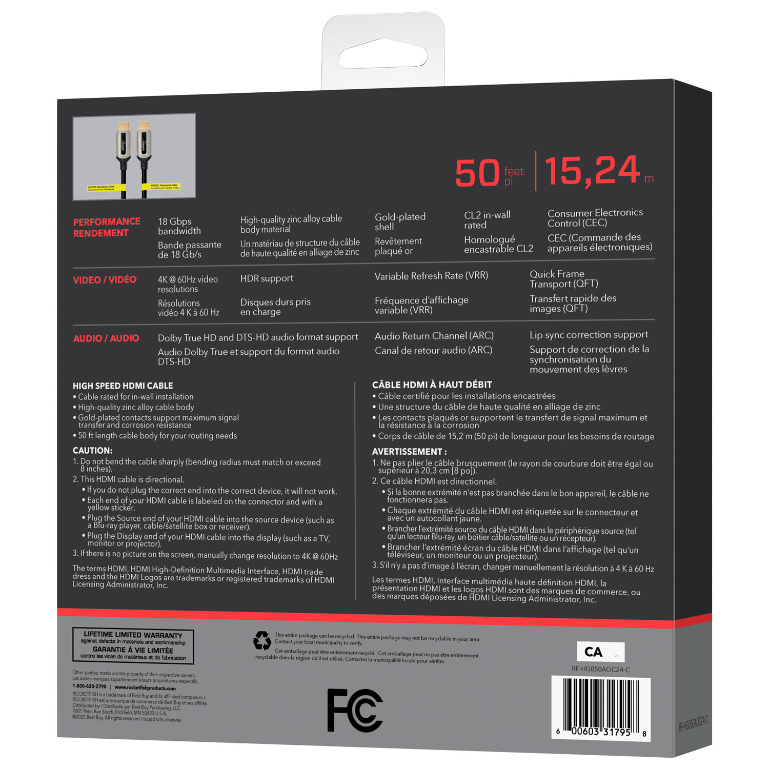 Câble HDMI UHD 4K de 15,24 m de Rocketfish