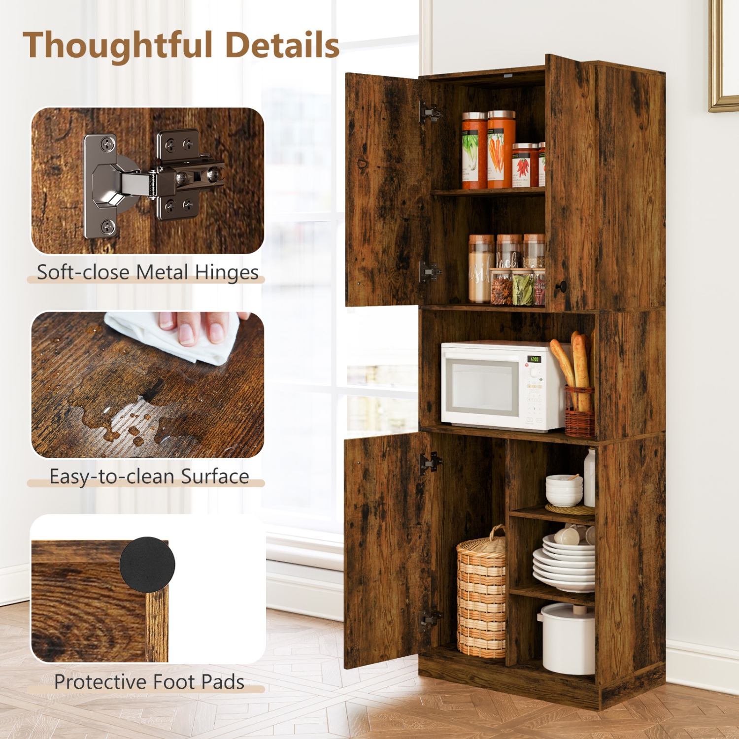 Costway Kitchen Pantry Storage Cabinet 65.5" Tall Modern Hutch Cabinet with Microwave Stand Brown/White