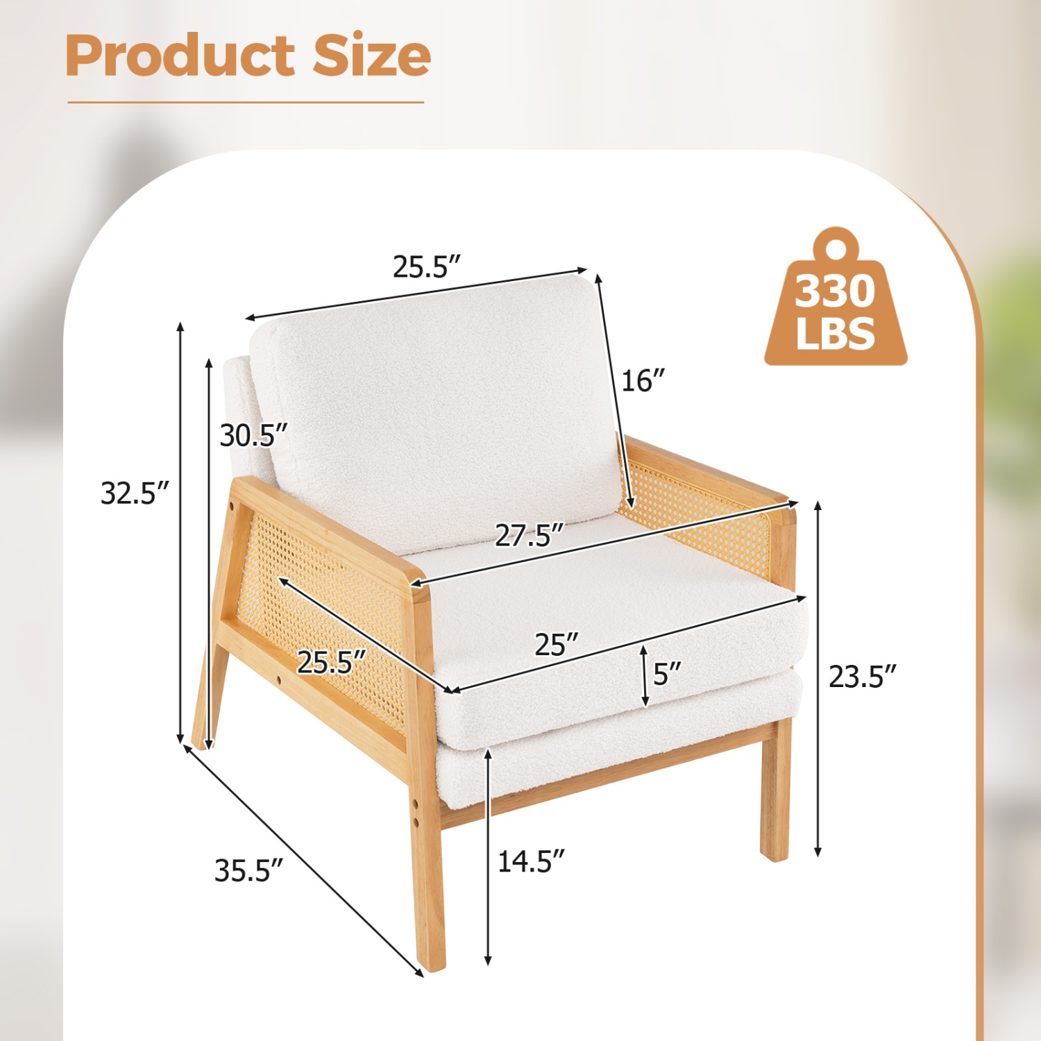 Chaise d'appoint moderne du milieu du siècle Costway Fauteuil de salon avec accoudoirs en rotin Cadre en bois brun/naturel