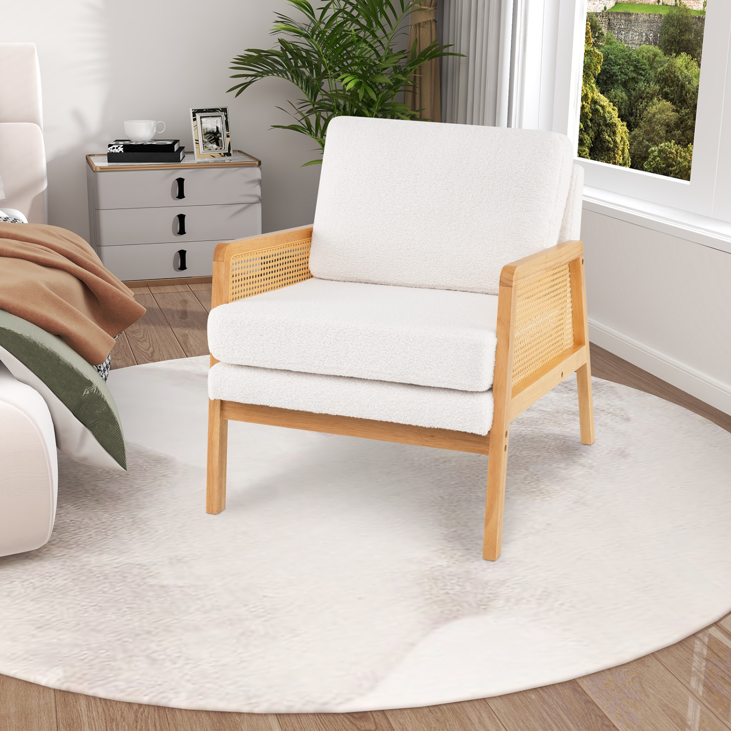 Chaise d'appoint moderne du milieu du siècle Costway Fauteuil de salon avec accoudoirs en rotin Cadre en bois brun/naturel