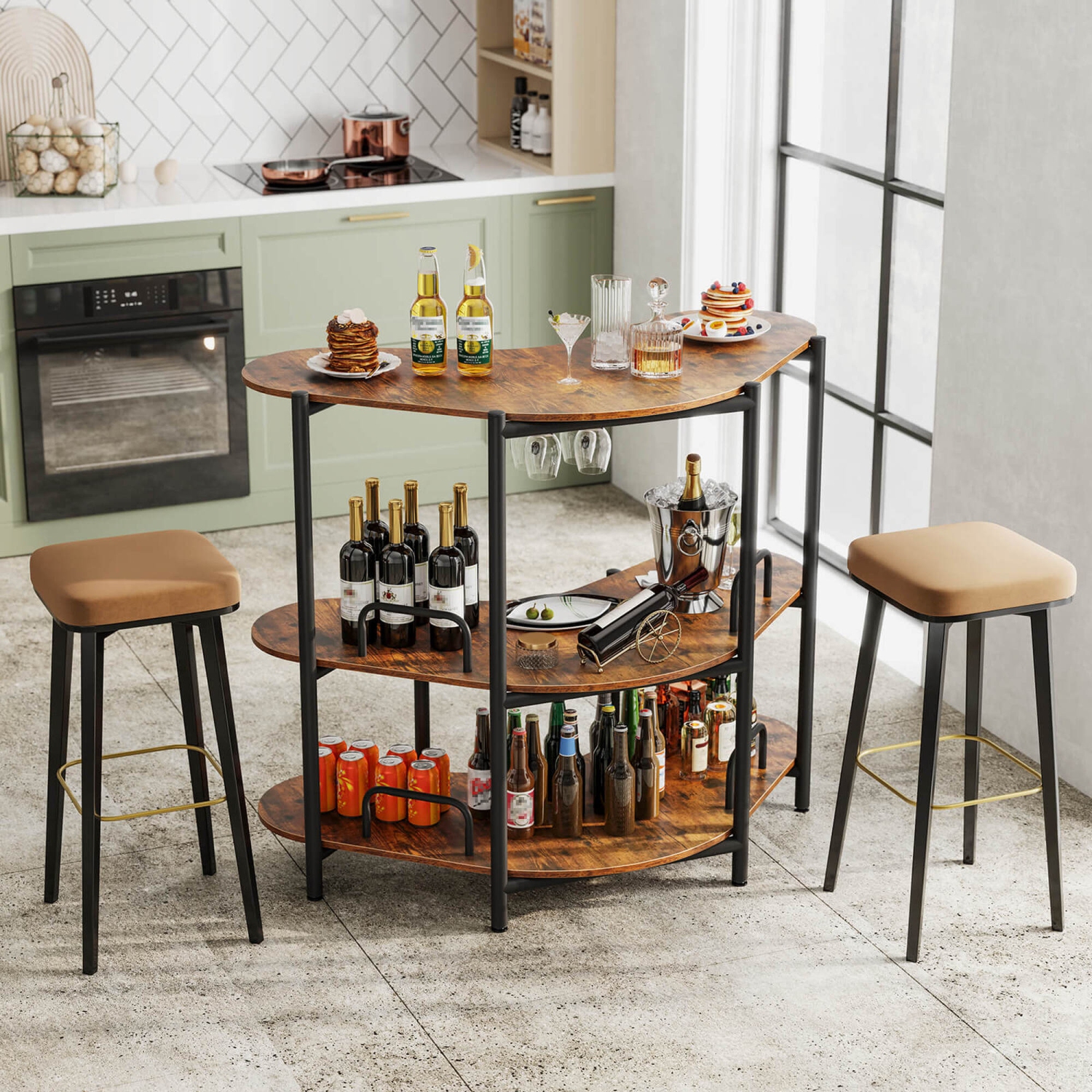 Costway 3-Tier Home Bar Unit with Stemware Racks & Storage Shelves with Metal Frame Brown/Black