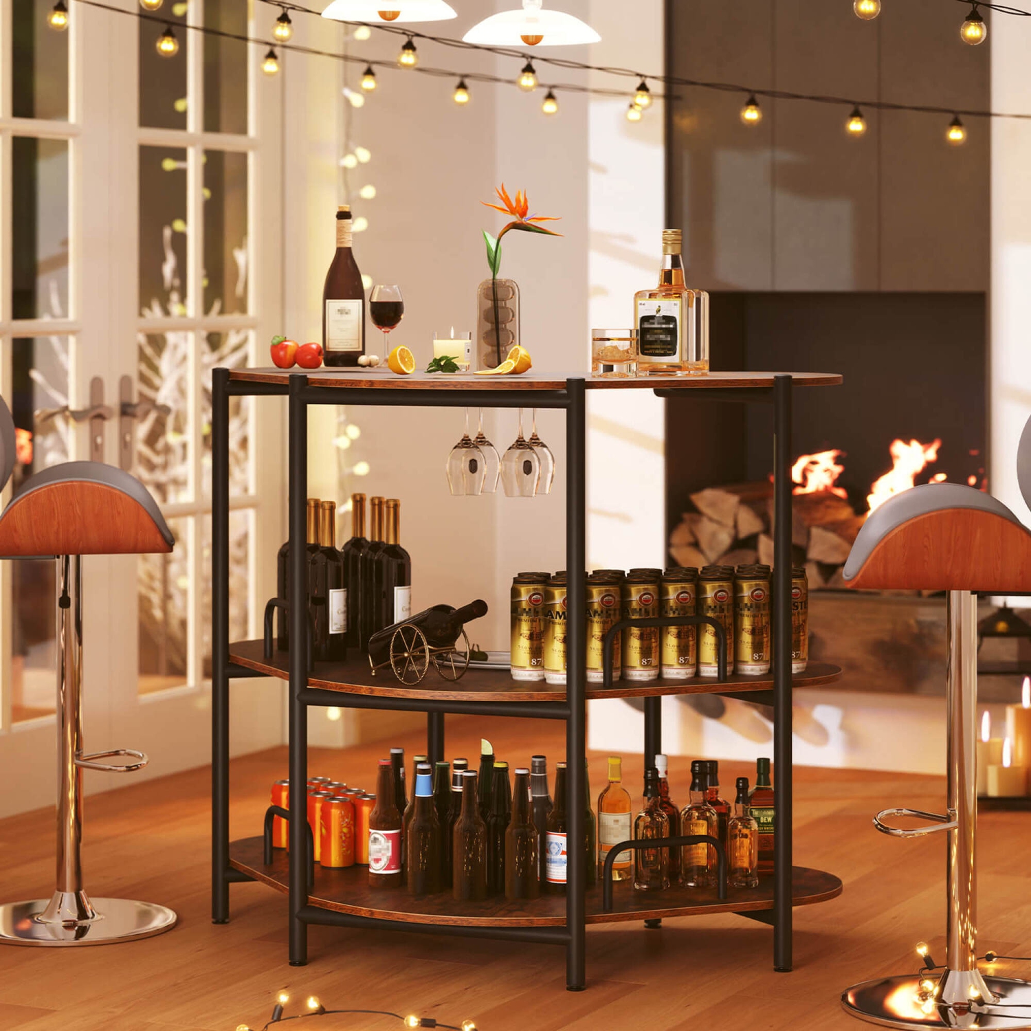 Costway 3-Tier Home Bar Unit with Stemware Racks & Storage Shelves with Metal Frame Brown/Black