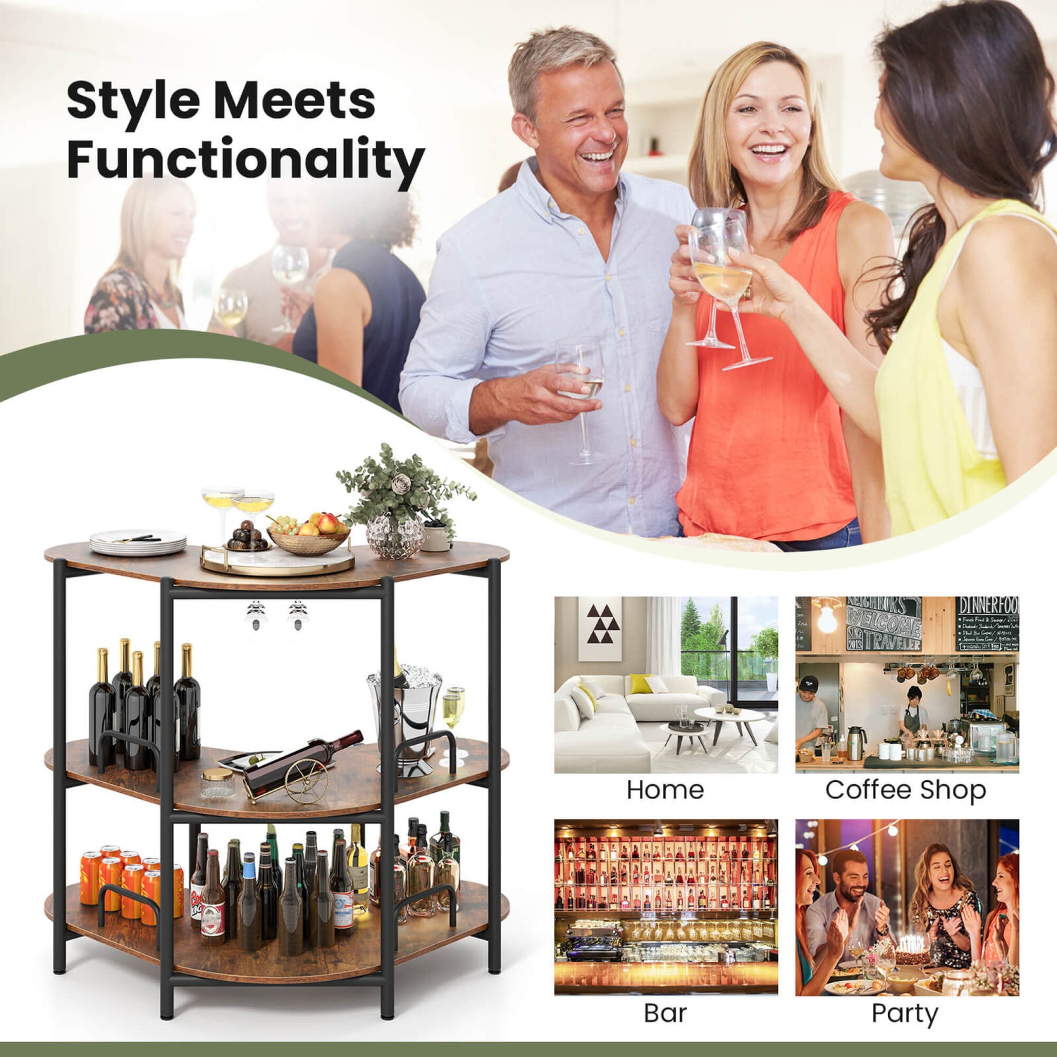 Costway 3-Tier Home Bar Unit with Stemware Racks & Storage Shelves with Metal Frame Brown/Black