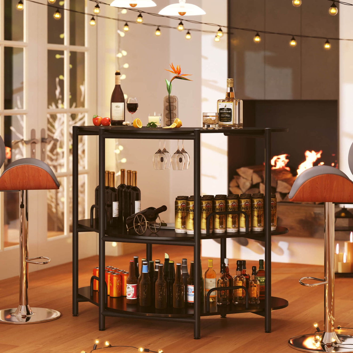 Costway 3-Tier Home Bar Unit with Stemware Racks & Storage Shelves with Metal Frame Brown/Black