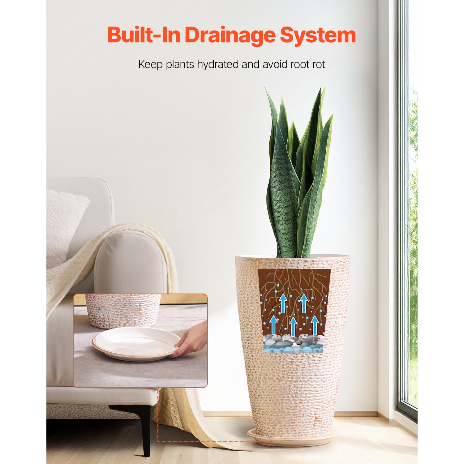 Ensemble de 2 grandes jardinières d'extérieur VEVOR de 21&nbsp;po de hauteur, grandes jardinières rondes pour le porche avant et le patio, pots de