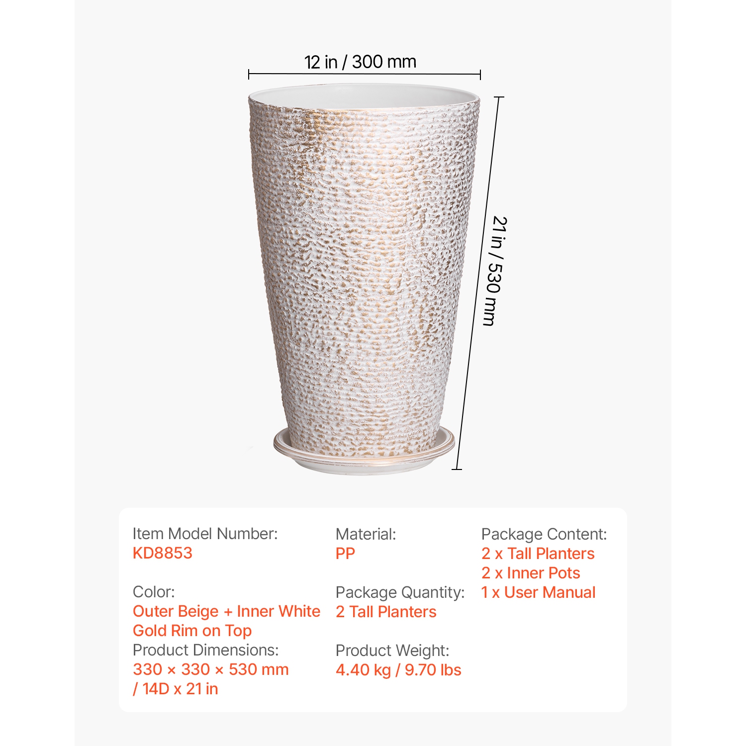 Ensemble de 2 grandes jardinières d'extérieur VEVOR de 21&nbsp;po de hauteur, grandes jardinières rondes pour le porche avant et le patio, pots de