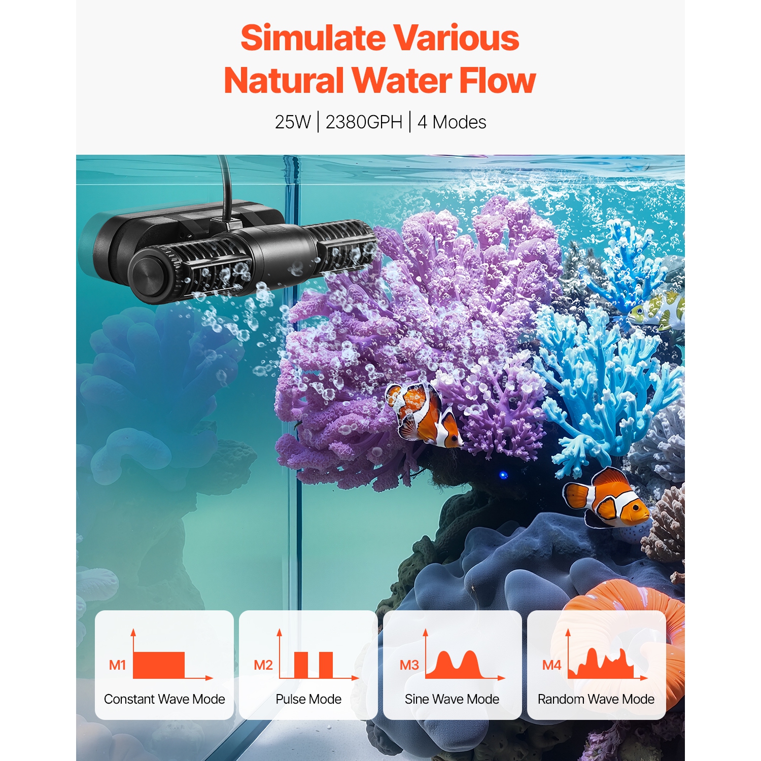 VEVOR 25W Aquarium Wave Maker,2380 GPH Adjustable Cross Flow Pump with Controller, Magnetic DC 24V Powerhead, Strong Magnetic Base, 360° Wavemaker,