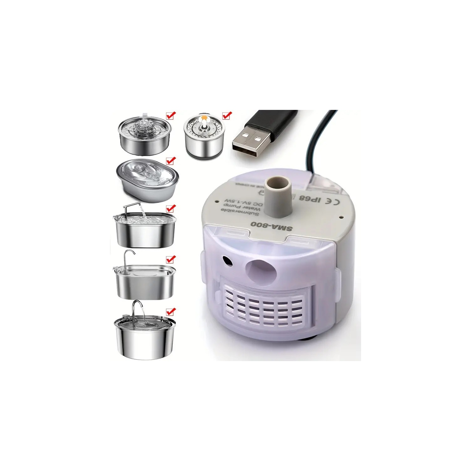 Cat Water Fountain Pump, Cat Fountain Pump Replacement Pump SMA-800 Submersible Motor, Pump Replacement for 2L/ 3.2L / 4L Stainless Steel Cat Water