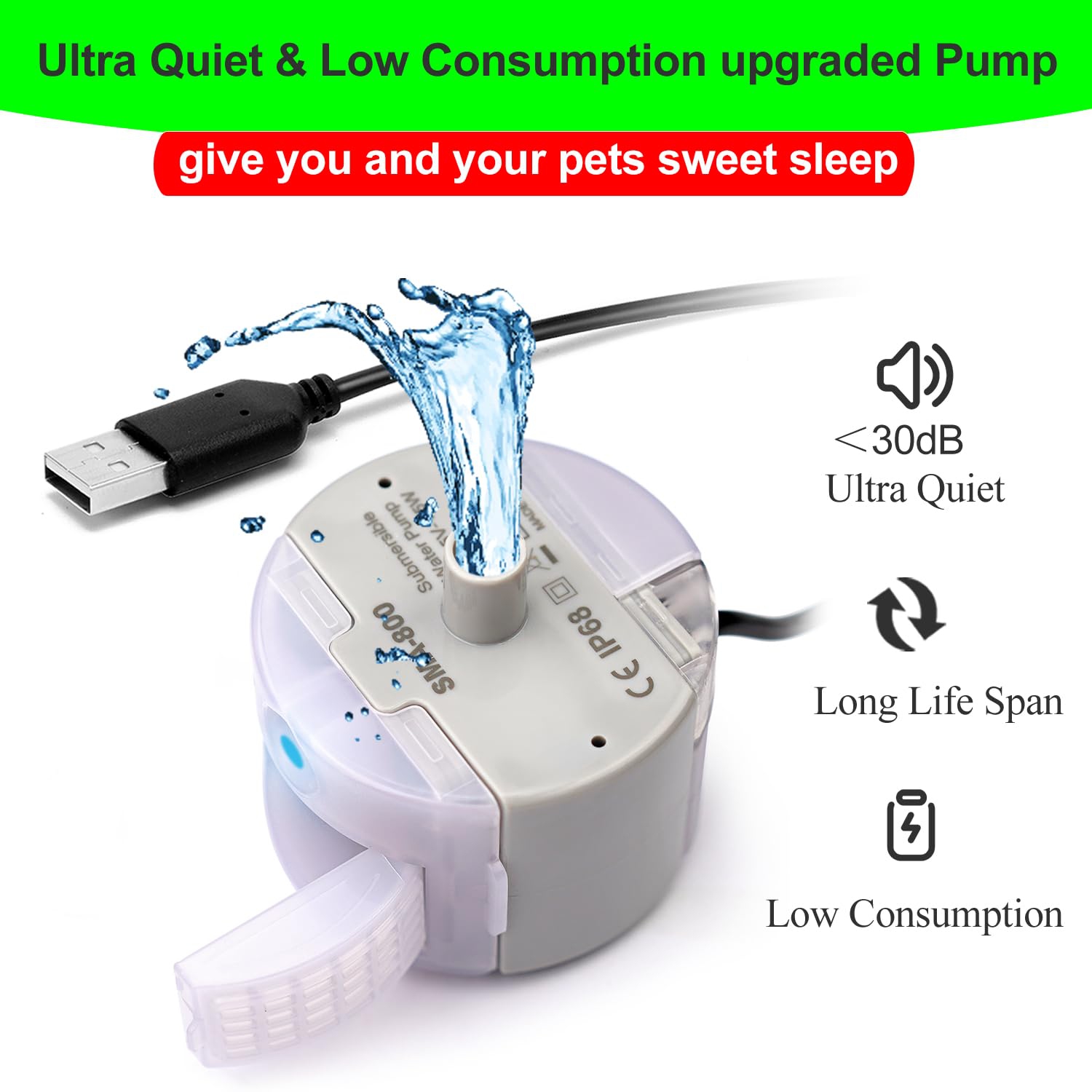 Cat Water Fountain Pump, Cat Fountain Pump Replacement Pump SMA-800 Submersible Motor, Pump Replacement for 2L/ 3.2L / 4L Stainless Steel Cat Water