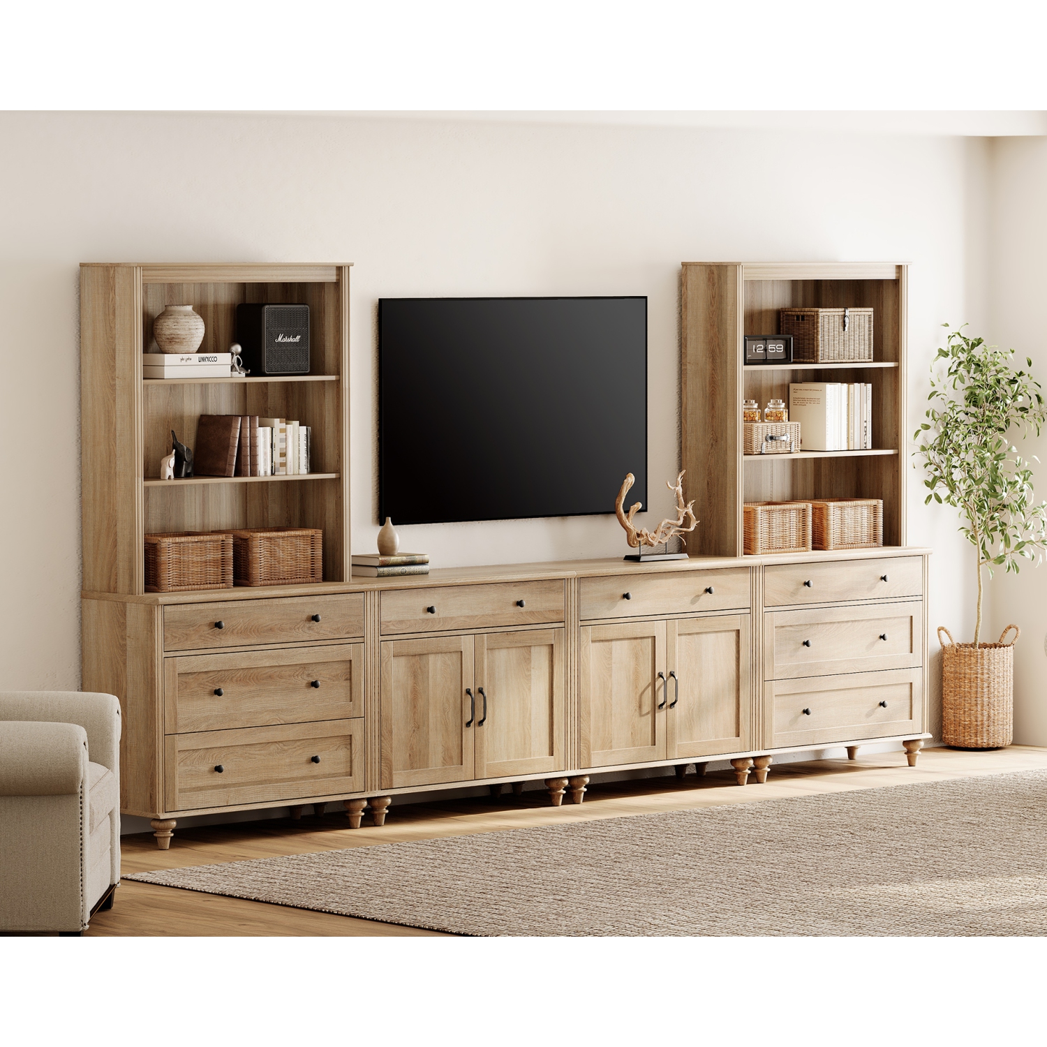 WAMPAT Entertainment Center with Bookshelves for TVs up to 75", Farmhouse Wall Unit TV Stand with Doors & Drawer, Media Console Table for Living