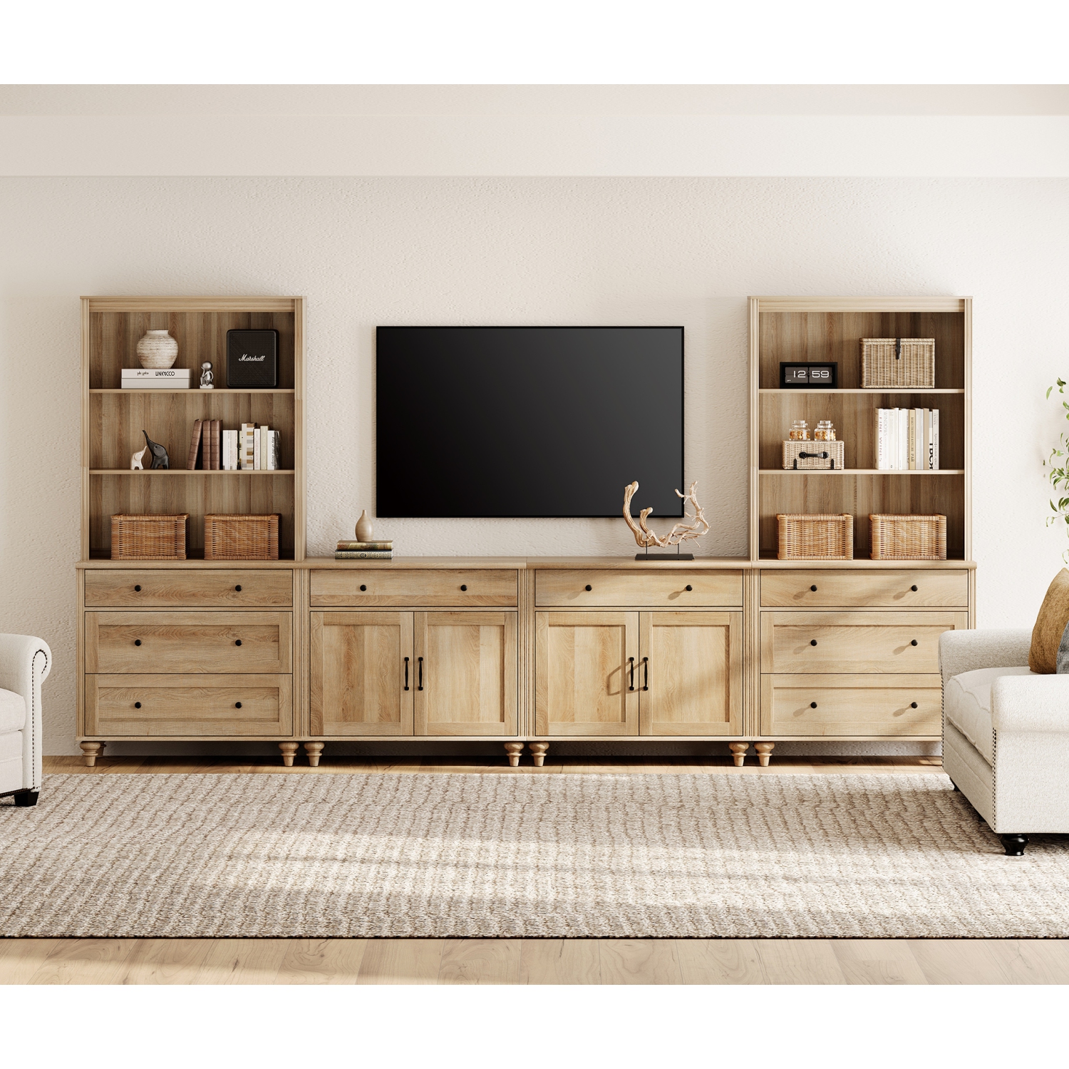 WAMPAT Entertainment Center with Bookshelves for TVs up to 75", Farmhouse Wall Unit TV Stand with Doors & Drawer, Media Console Table for Living