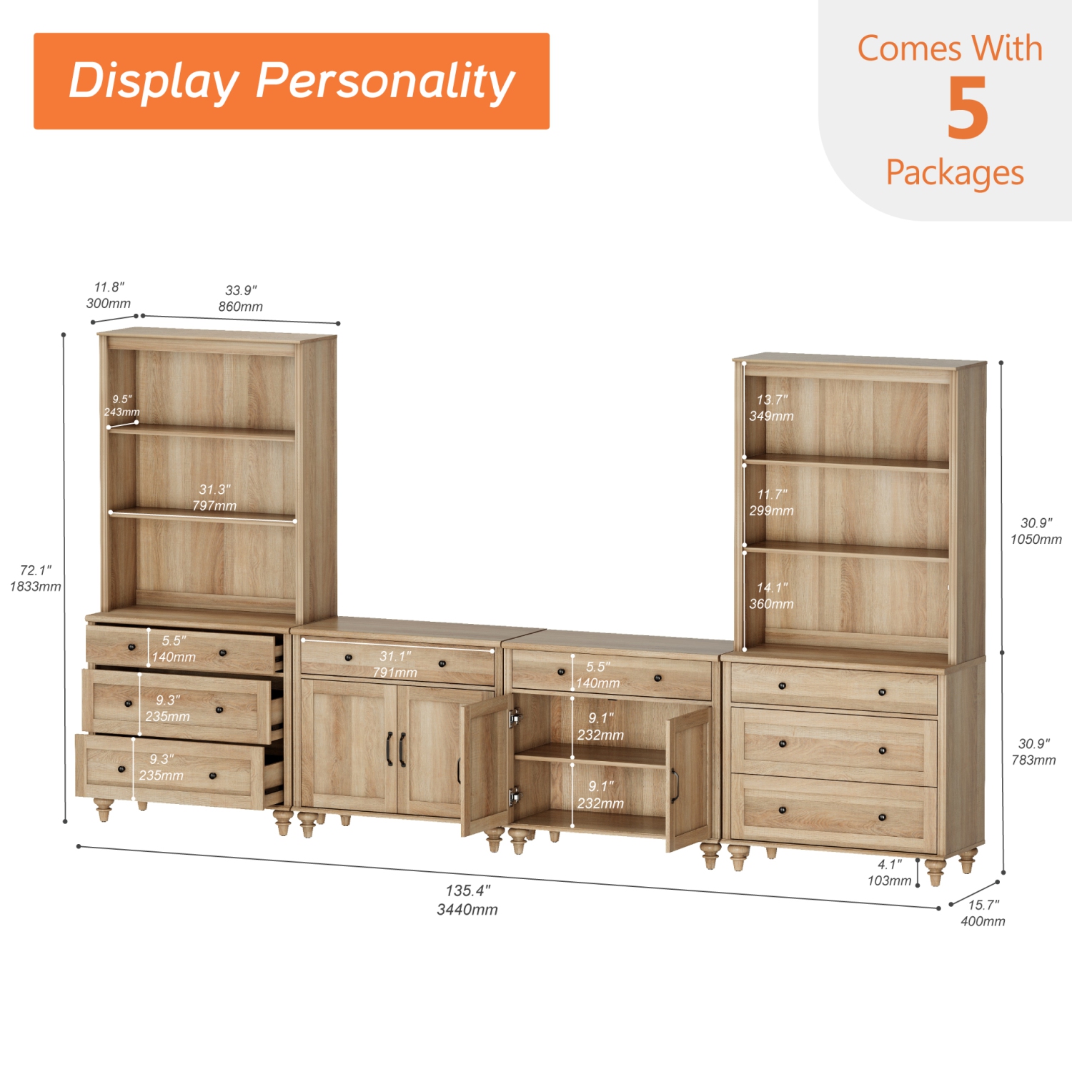 WAMPAT Entertainment Center with Bookshelves for TVs up to 75", Farmhouse Wall Unit TV Stand with Doors & Drawer, Media Console Table for Living