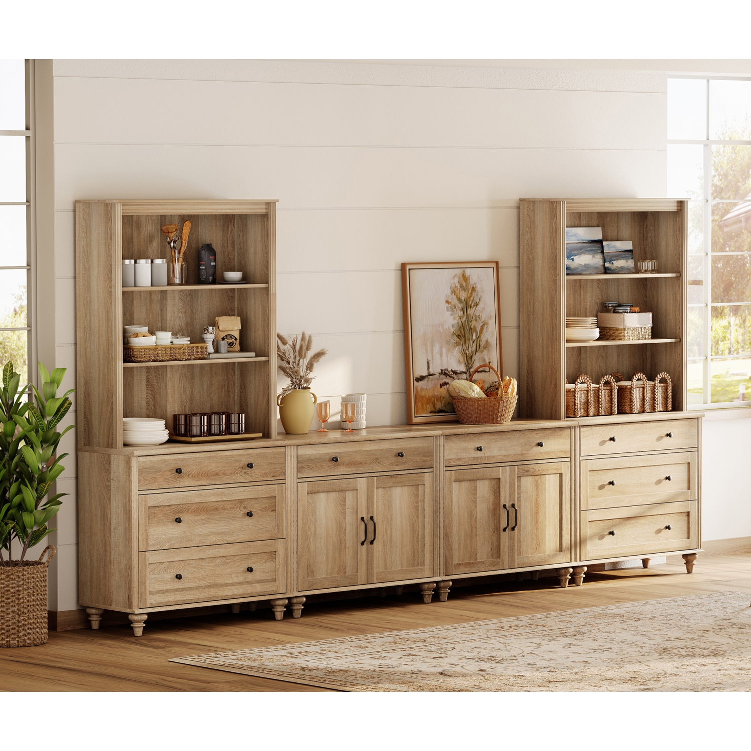 WAMPAT Entertainment Center with Bookshelves for TVs up to 75", Farmhouse Wall Unit TV Stand with Doors & Drawer, Media Console Table for Living