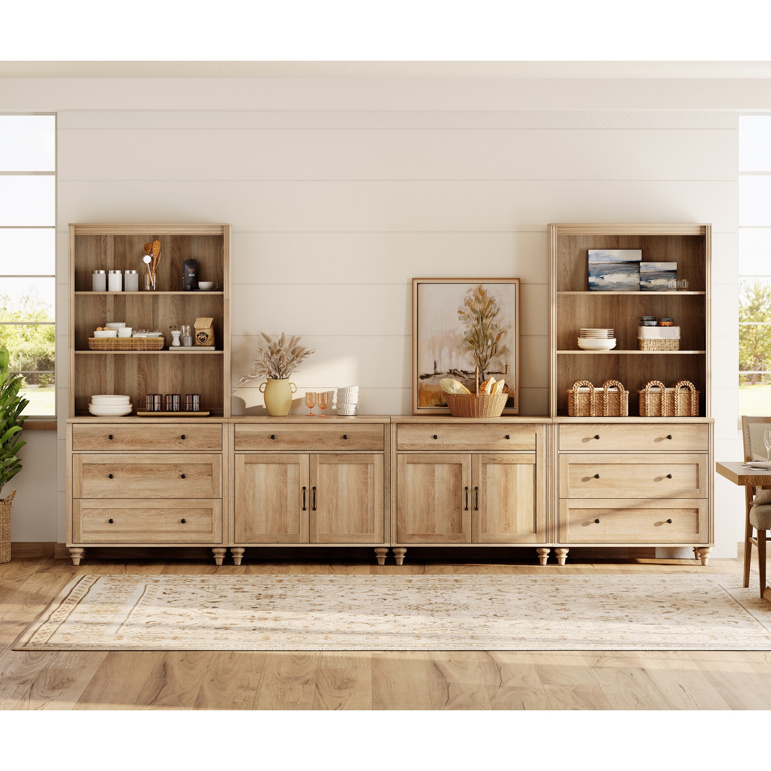 WAMPAT Entertainment Center with Bookshelves for TVs up to 75", Farmhouse Wall Unit TV Stand with Doors & Drawer, Media Console Table for Living