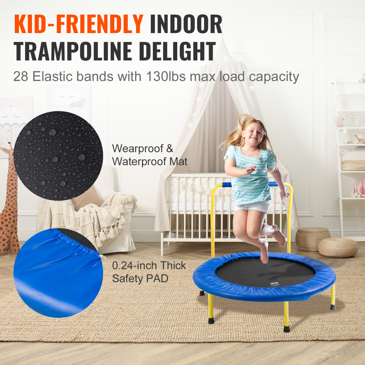 VEVOR 3FT Trampoline for Kids, 36" Trampolines Indoor/Outdoor Trampoline for Toddlers, Foldable Mini Baby Trampoline with Foam Handle, Trampoline