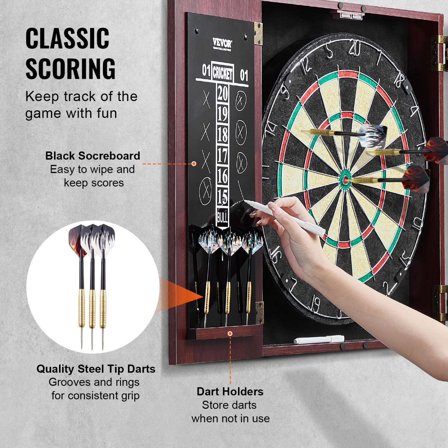 VEVOR Dartboard and Cabinet Set, Ready-to-Play Bundle Official Size Dartboard Cabinet, Steel Tip Dart Hideaway Cabinet, Features Easy Assembly,