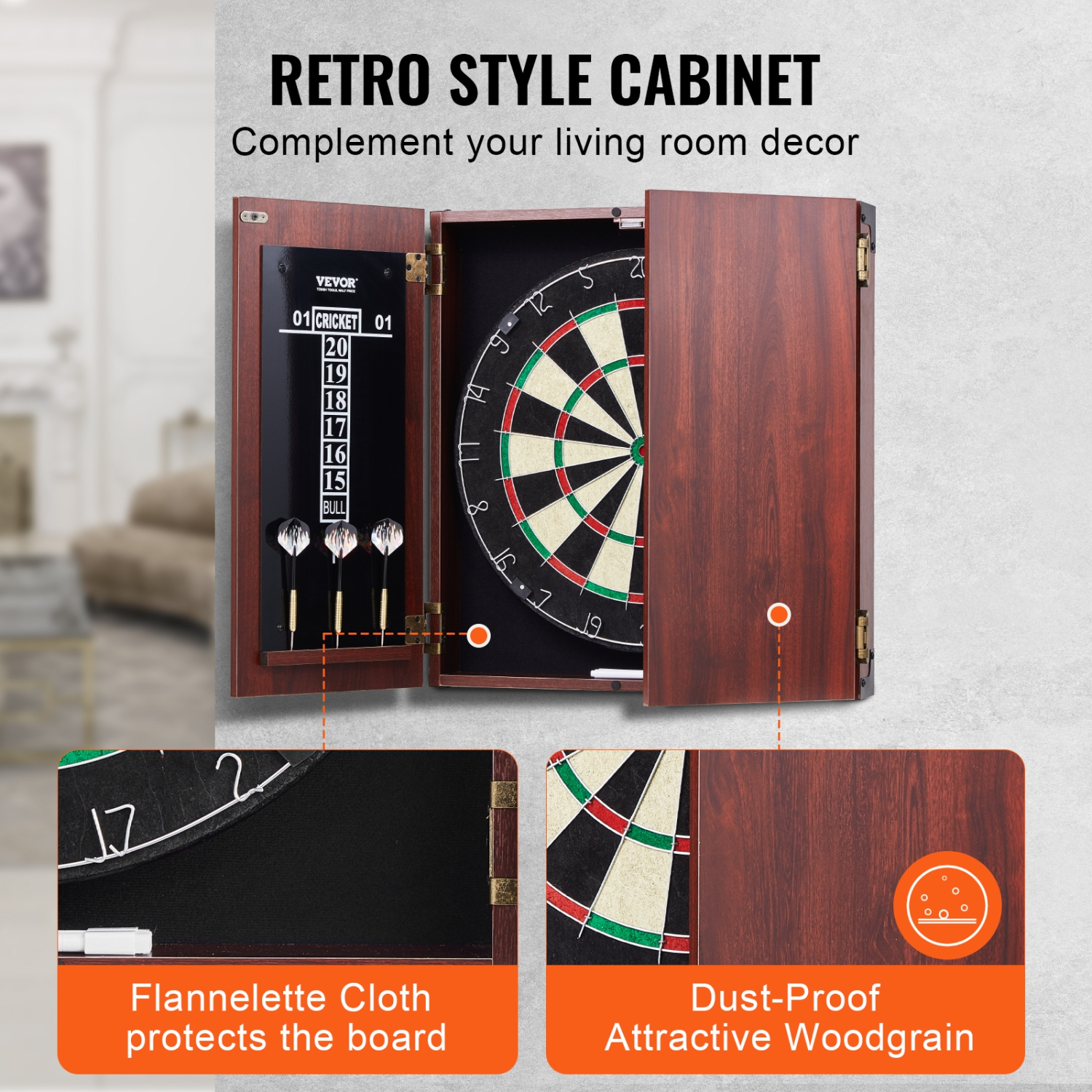 VEVOR Dartboard and Cabinet Set, Ready-to-Play Bundle Official Size Dartboard Cabinet, Steel Tip Dart Hideaway Cabinet, Features Easy Assembly,