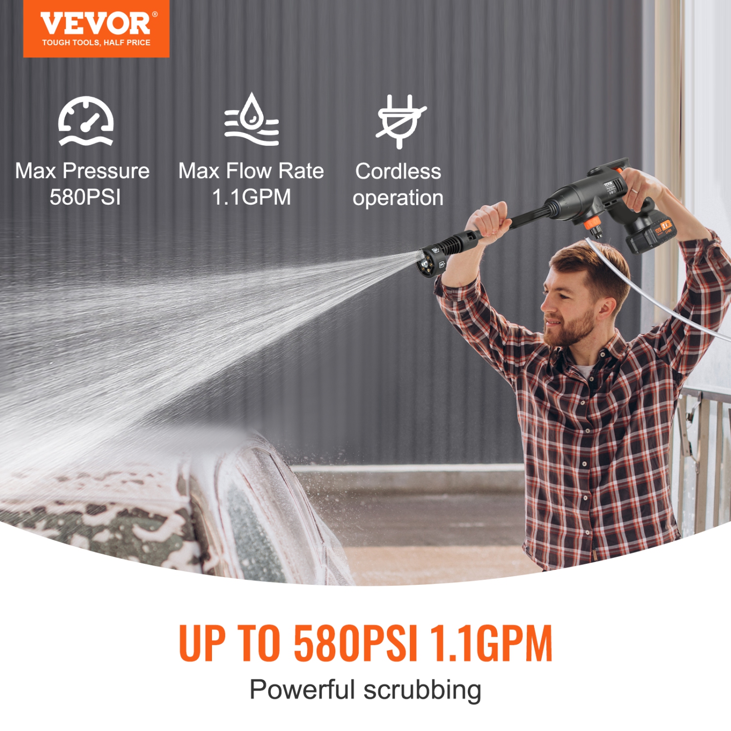 VEVOR 580-PSI Cordless Pressure Washer, 1.1 GPM Power Cleaner, Handheld High-Pressure Car Washer Gun with 4.0Ah Battery, Charger, 6-in-1 Nozzle, for
